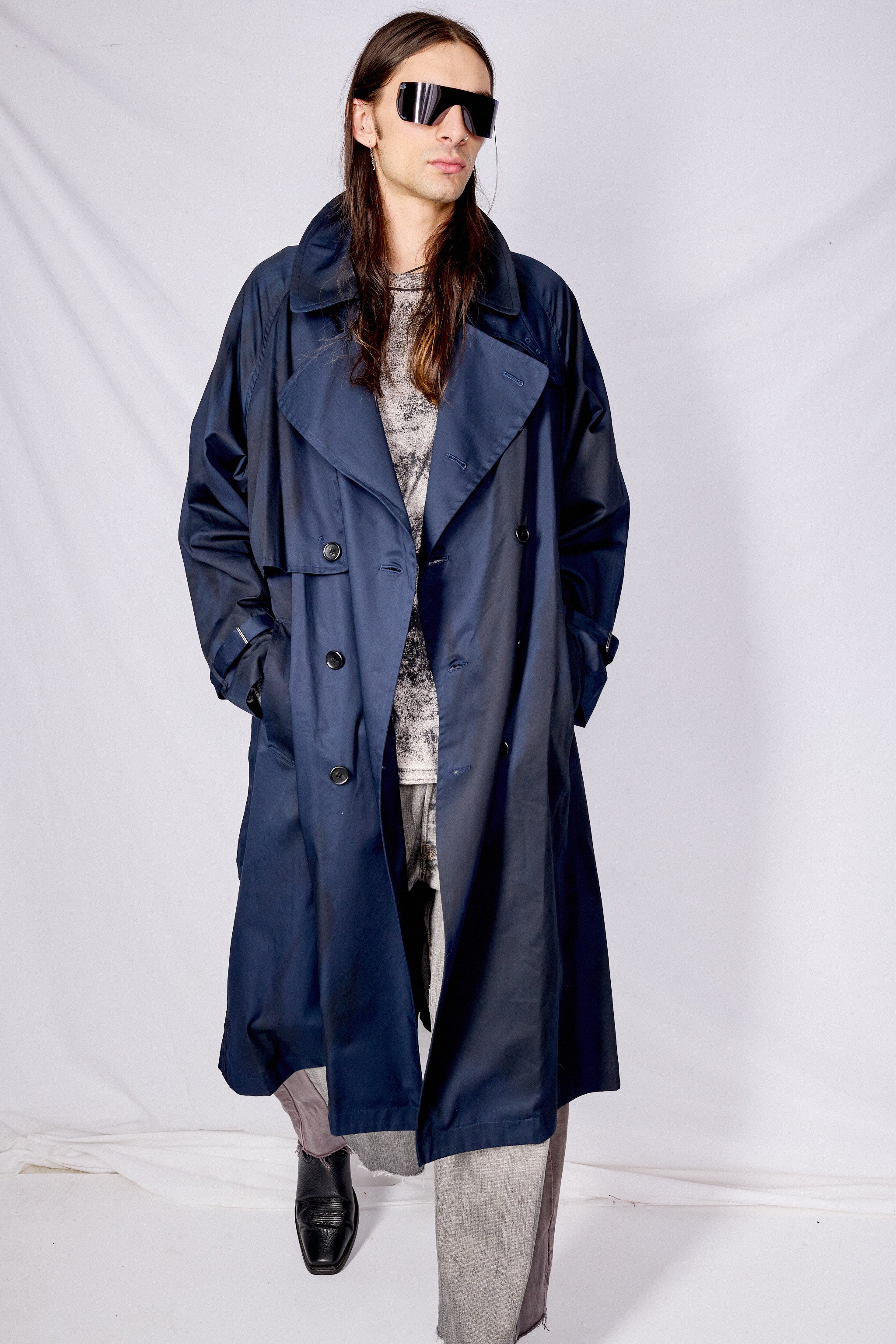 Navy Spray Printed Trench Coat