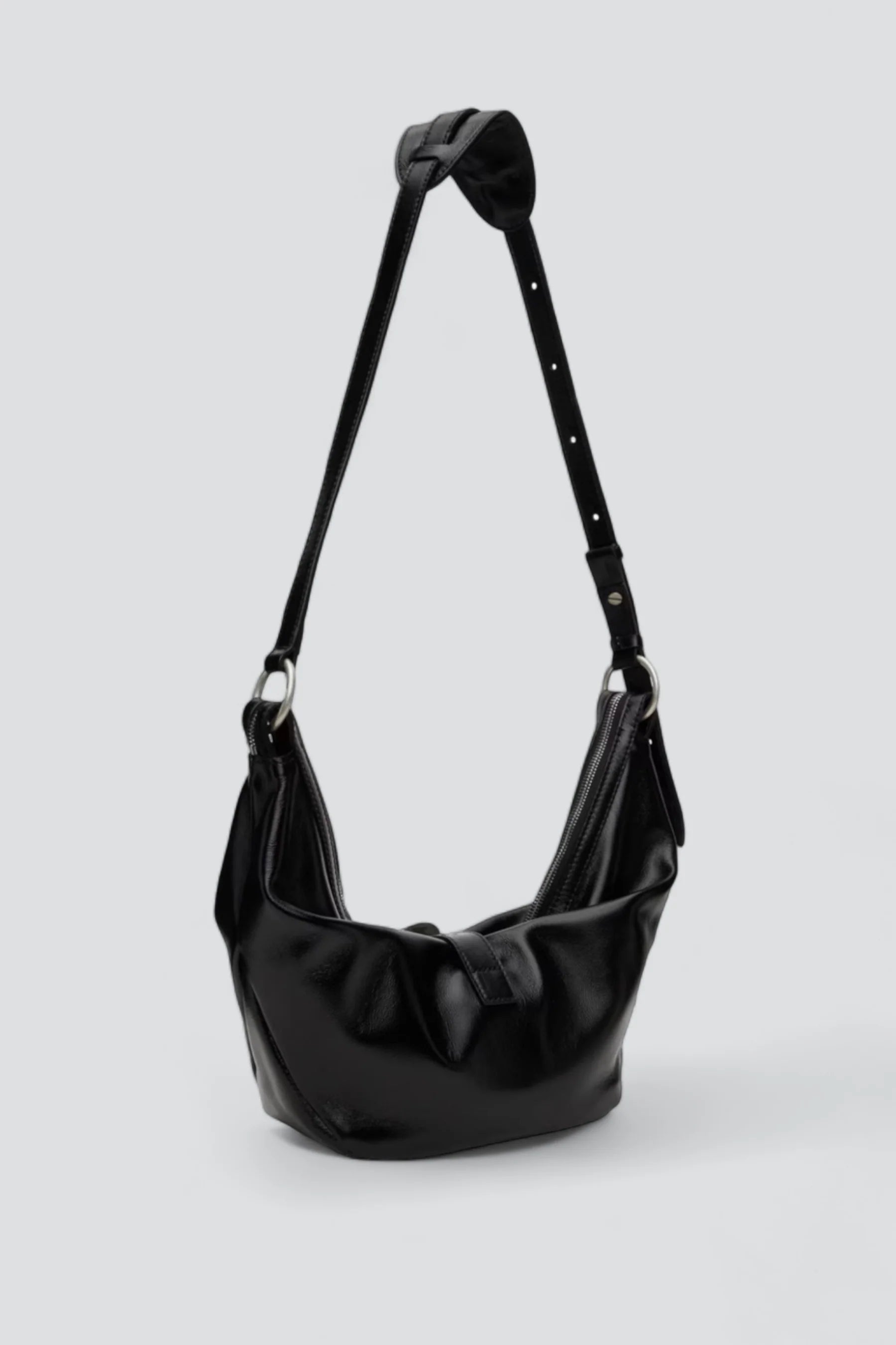 Black Glossy Plain Belted Hobo Medium