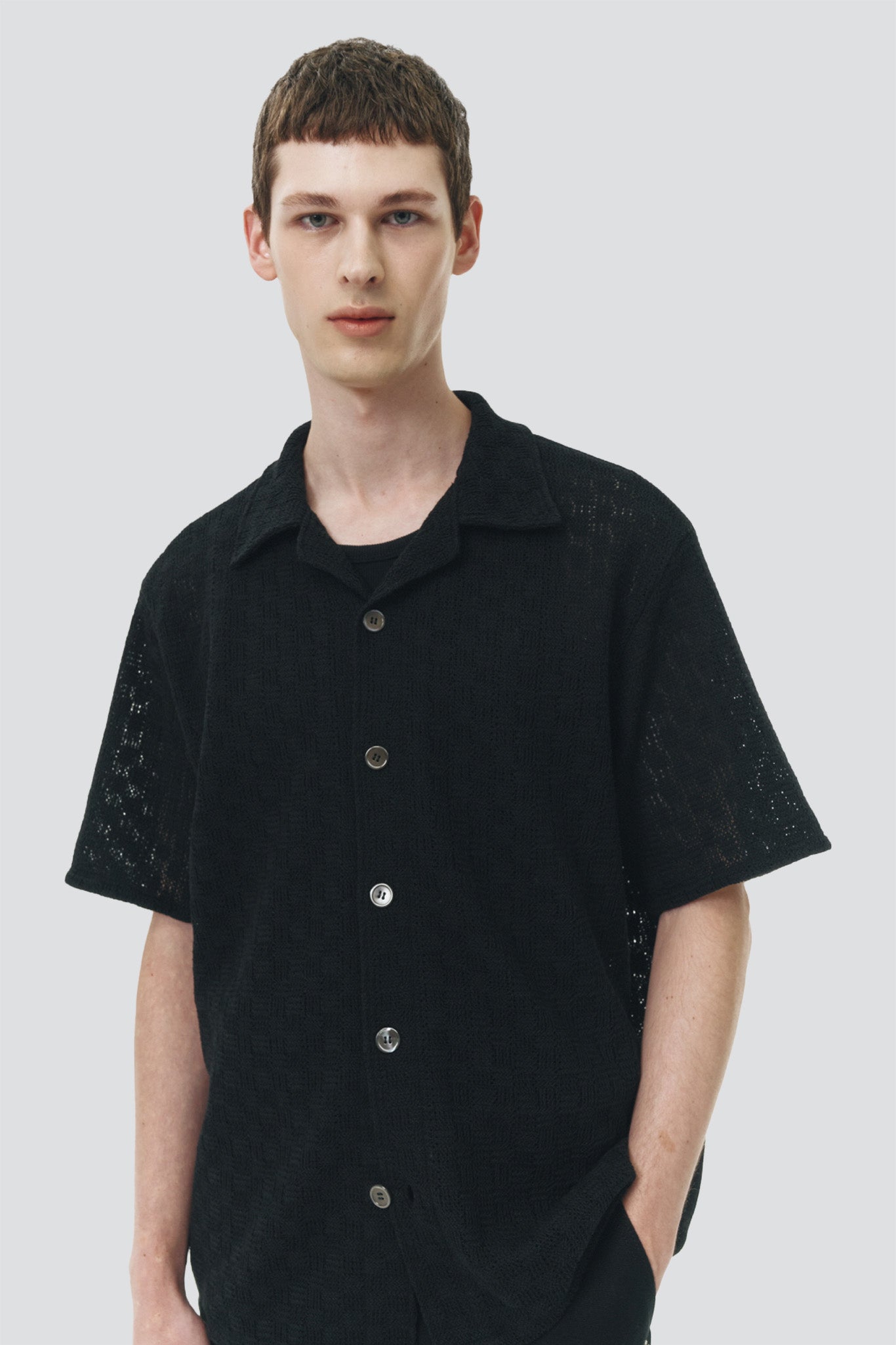 Black Square Open Collared Crochet Shirt