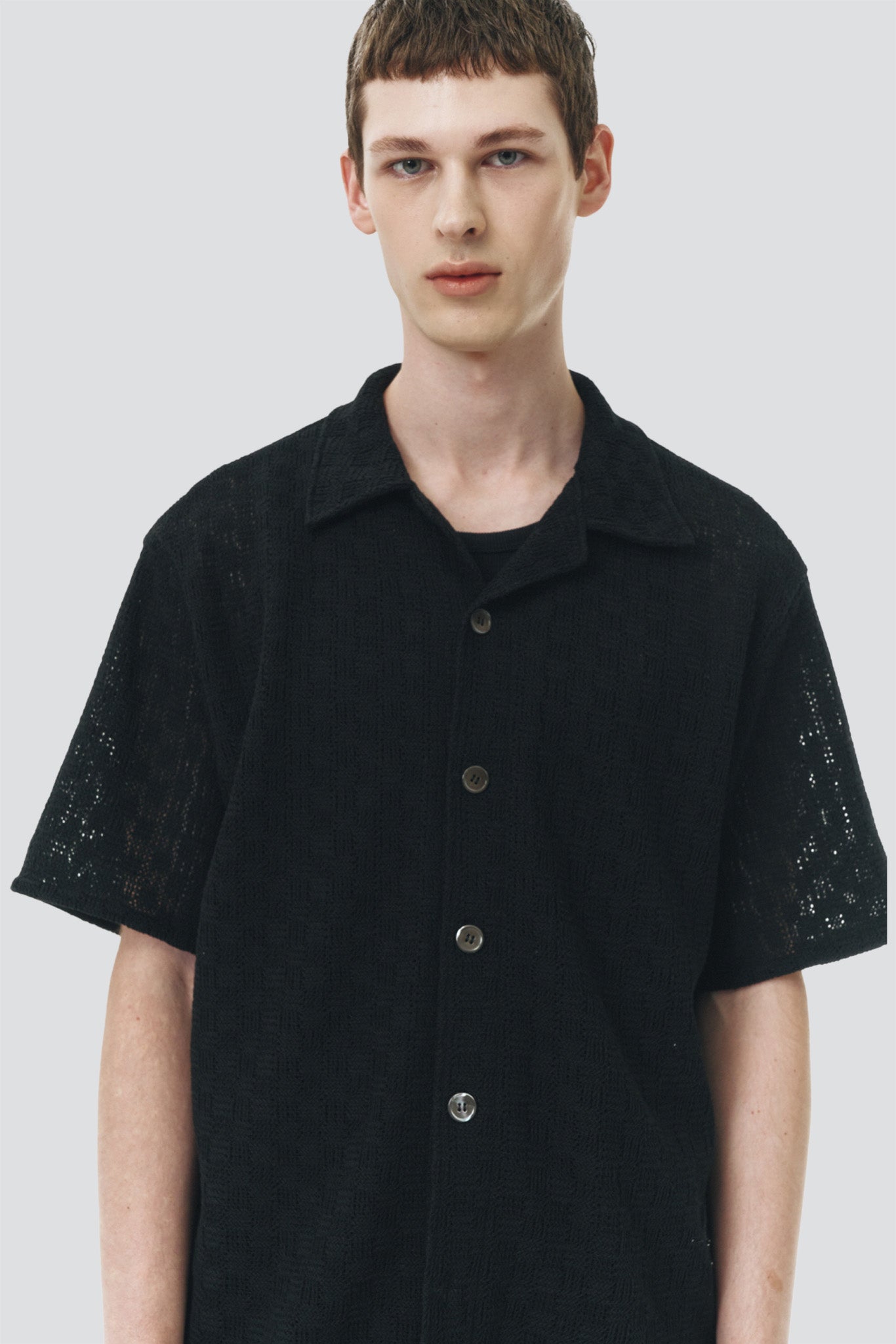 Black Square Open Collared Crochet Shirt