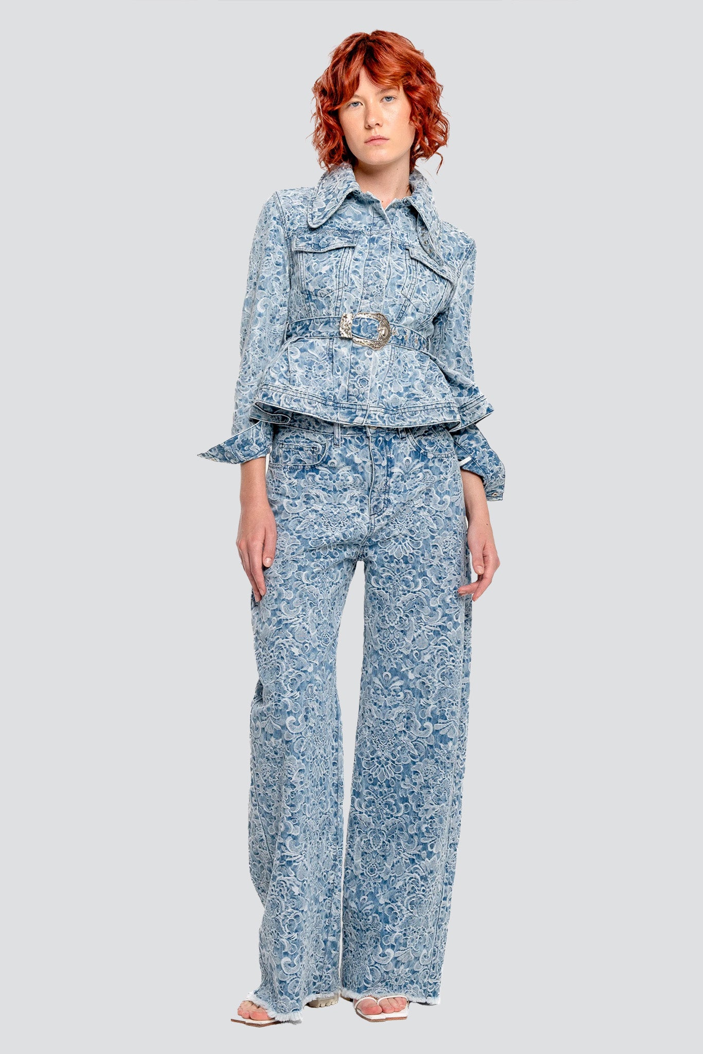 Light Blue Brocade Denim Boyfriend Trousers