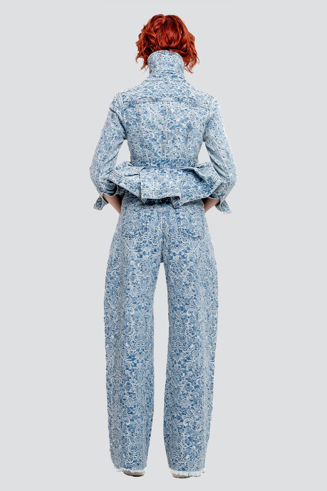 Light Blue Brocade Denim Boyfriend Trousers