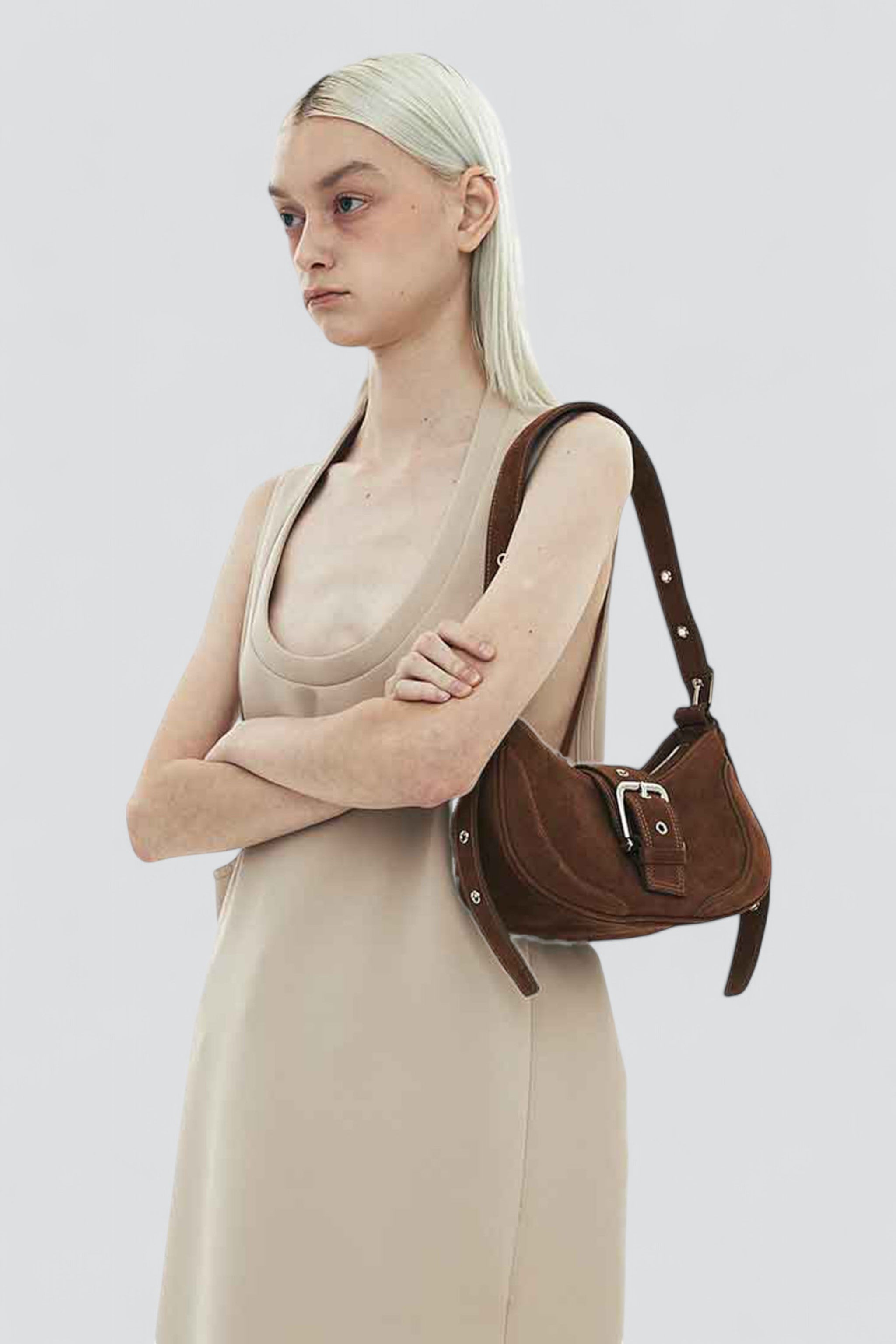 Nubuck Brown Hobo Brocle Bag