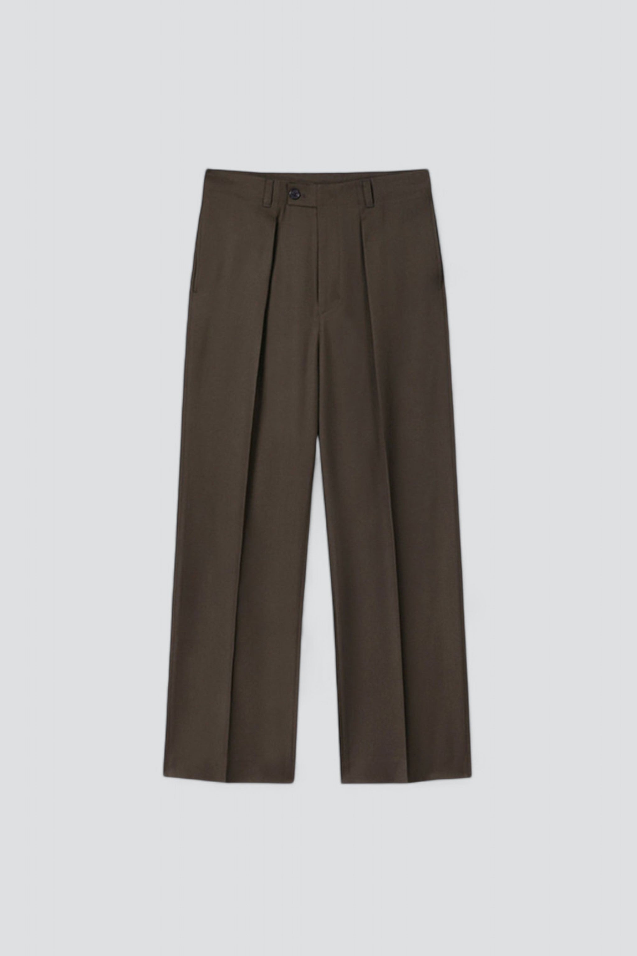 Brown Wool Twill Pleated Wide Trousers