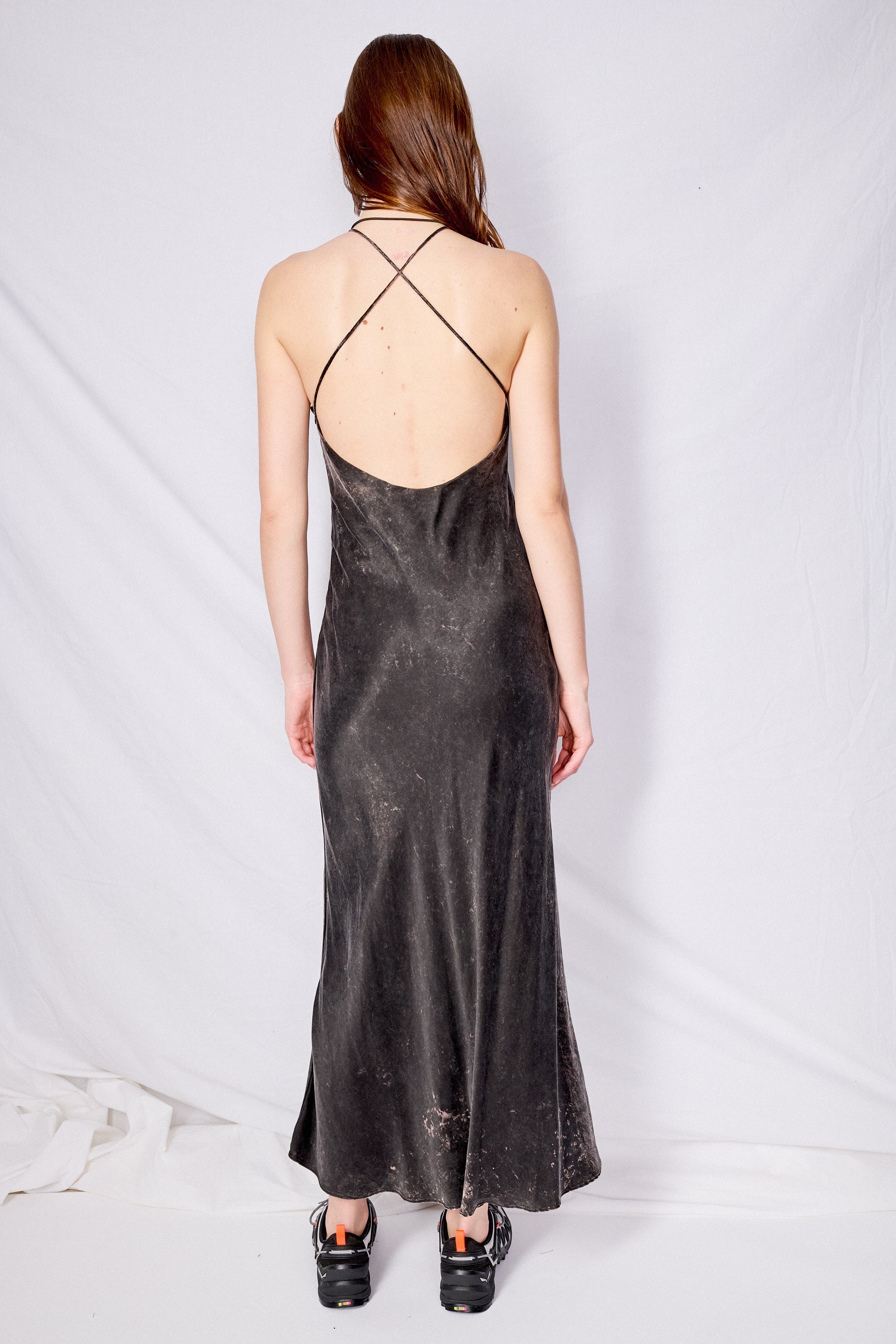 Black Stonewashed Cupro Halter Bias Dress