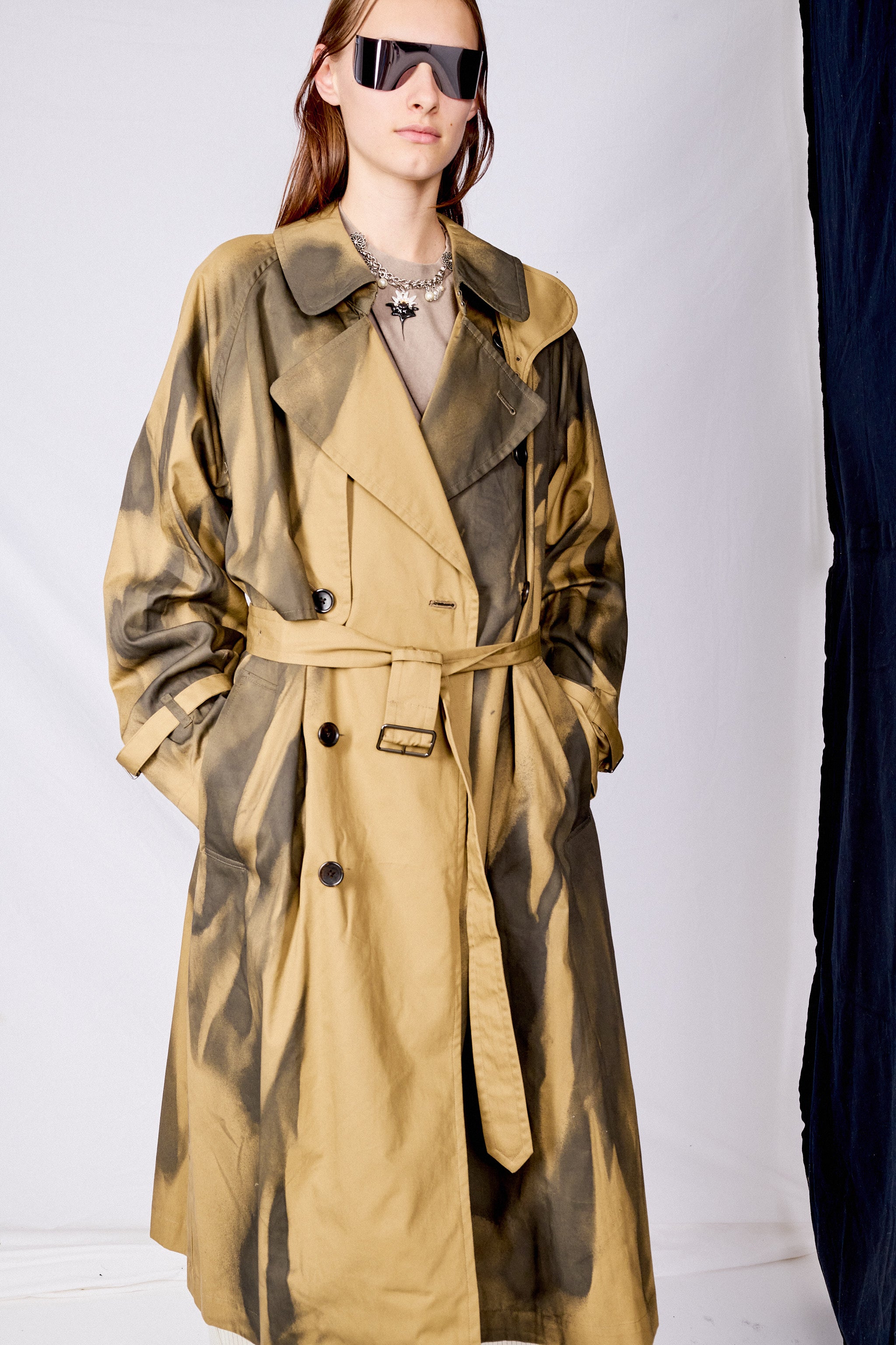 Khaki Spray Printed Trench Coat