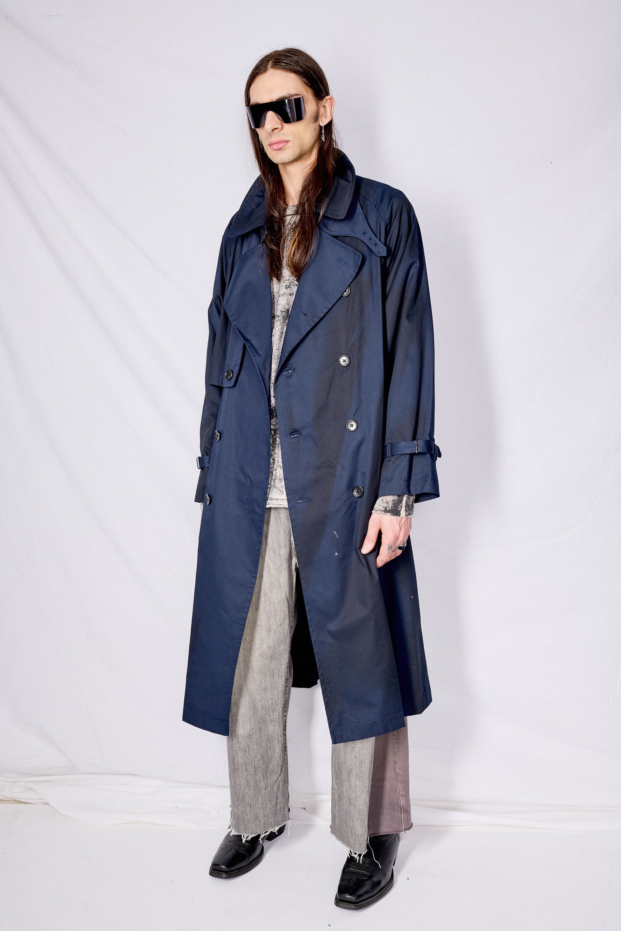 Navy Spray Printed Trench Coat