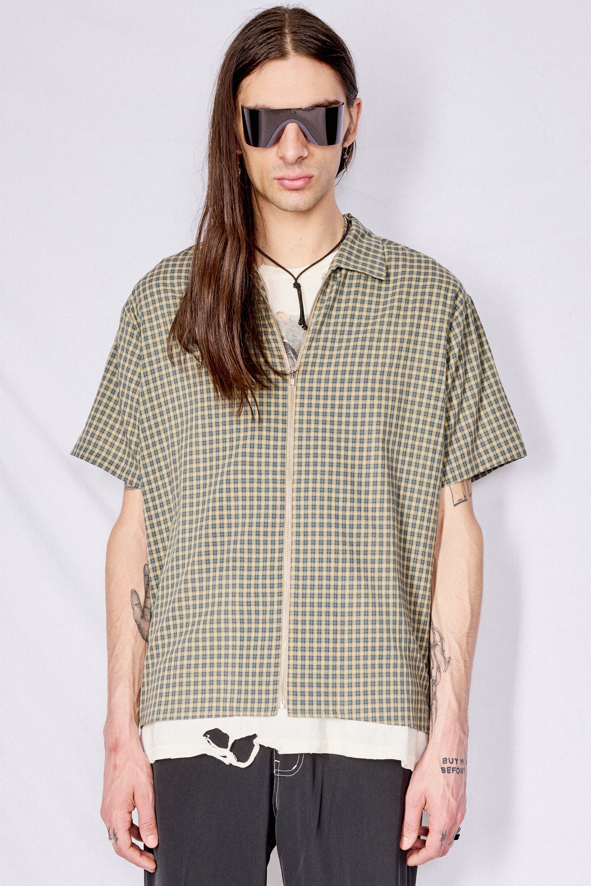 Blue/Tan Plaid Dobby Cotton Zip Camp Shirt