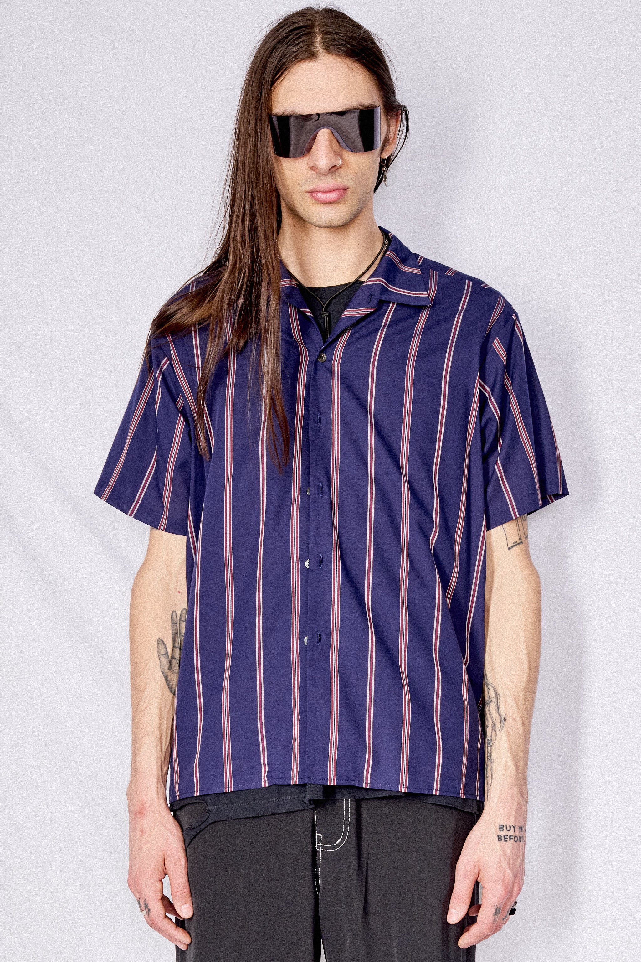 Navy Stripe Cotton/Silk Camp Shirt