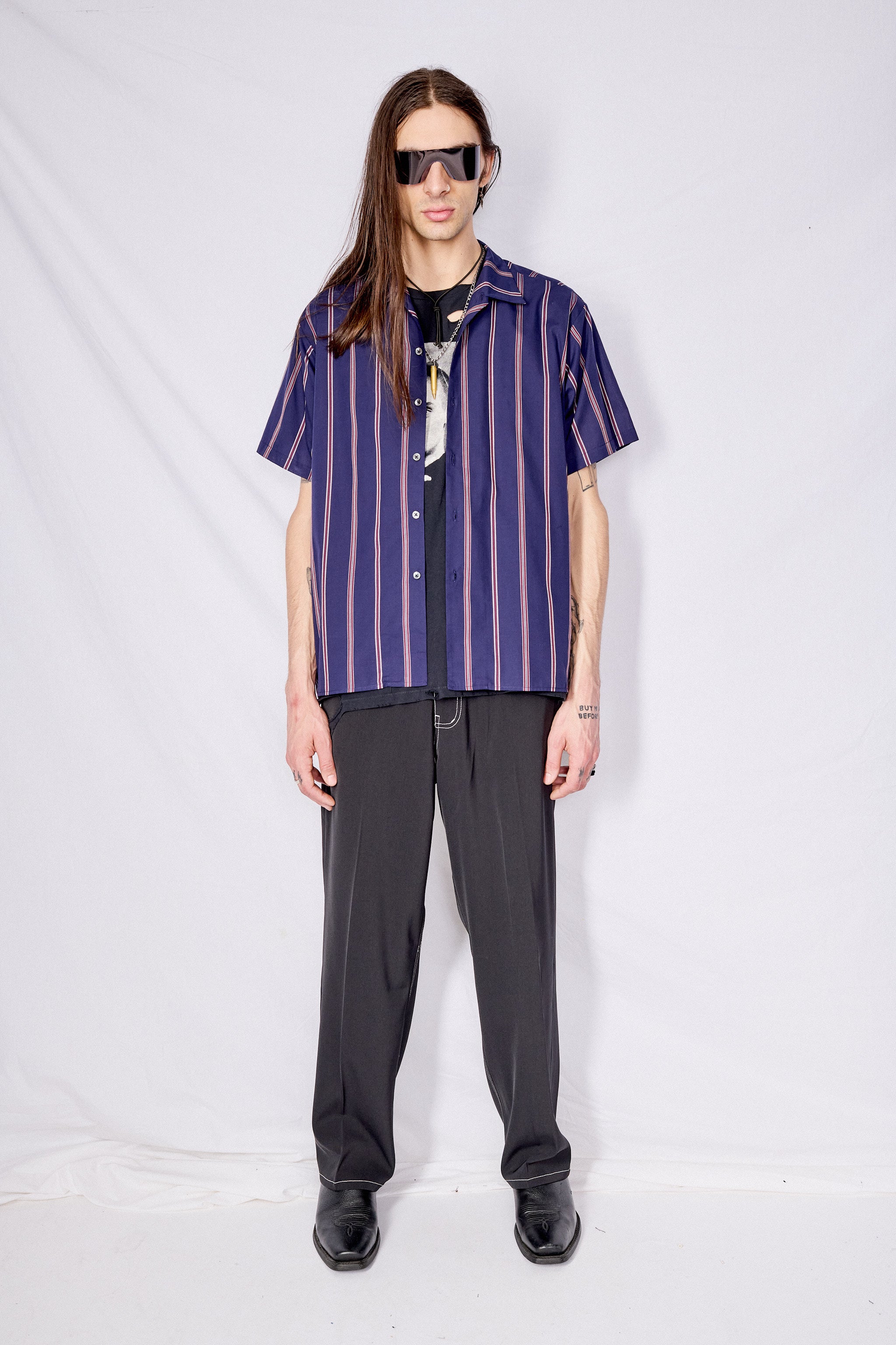 Navy Stripe Cotton/Silk Camp Shirt