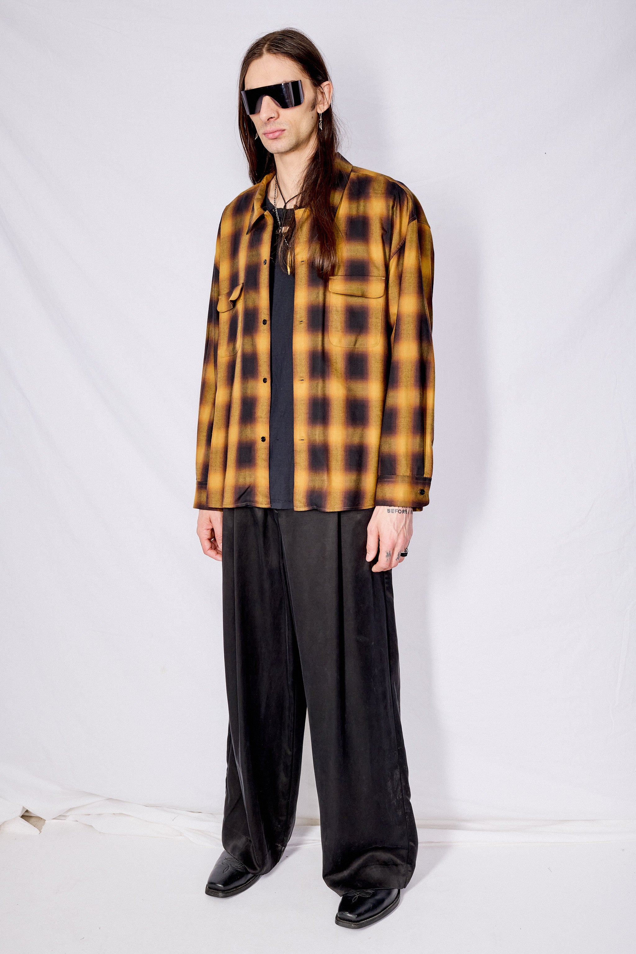 Black/Brown Plaid Cotton Crop Pocket Shirt