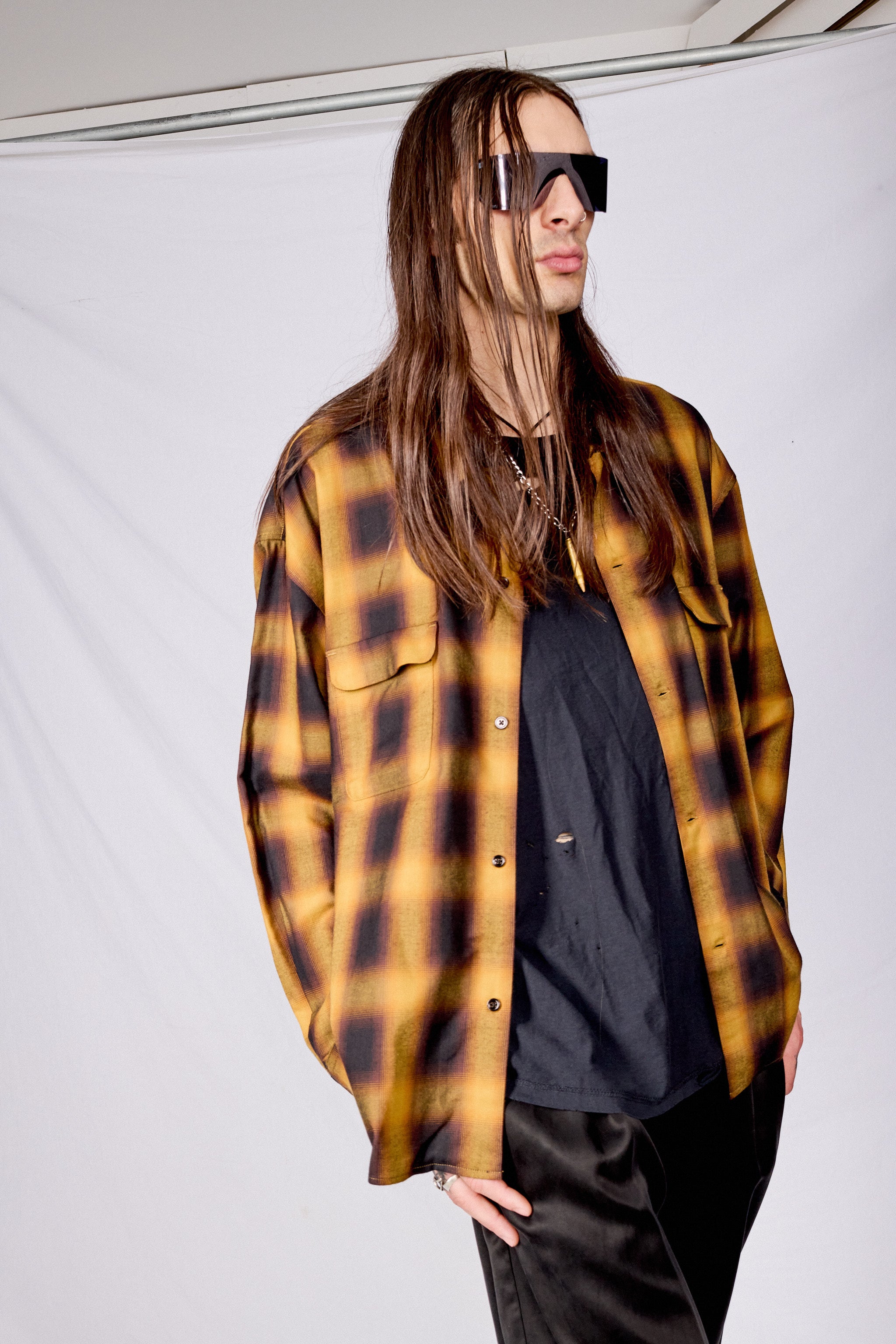 Black/Brown Plaid Cotton Crop Pocket Shirt