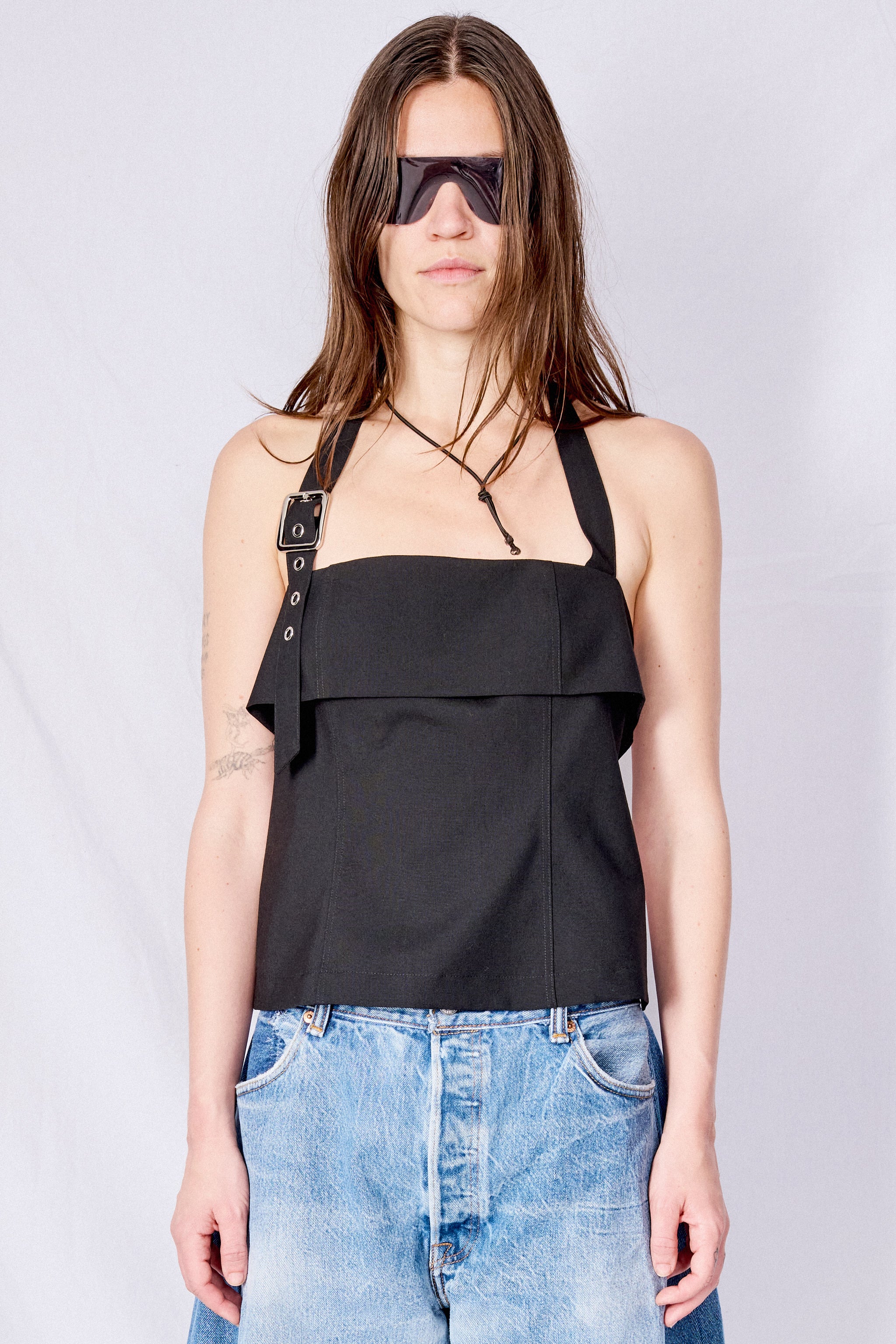 Black Suiting Belted Strap Halter Top