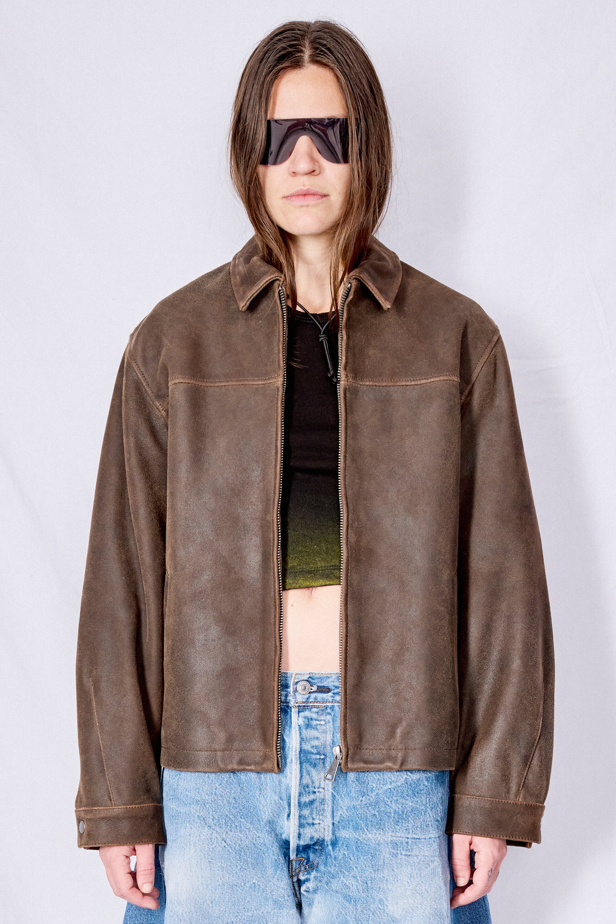 Brown Cracked Leather Zip Jacket