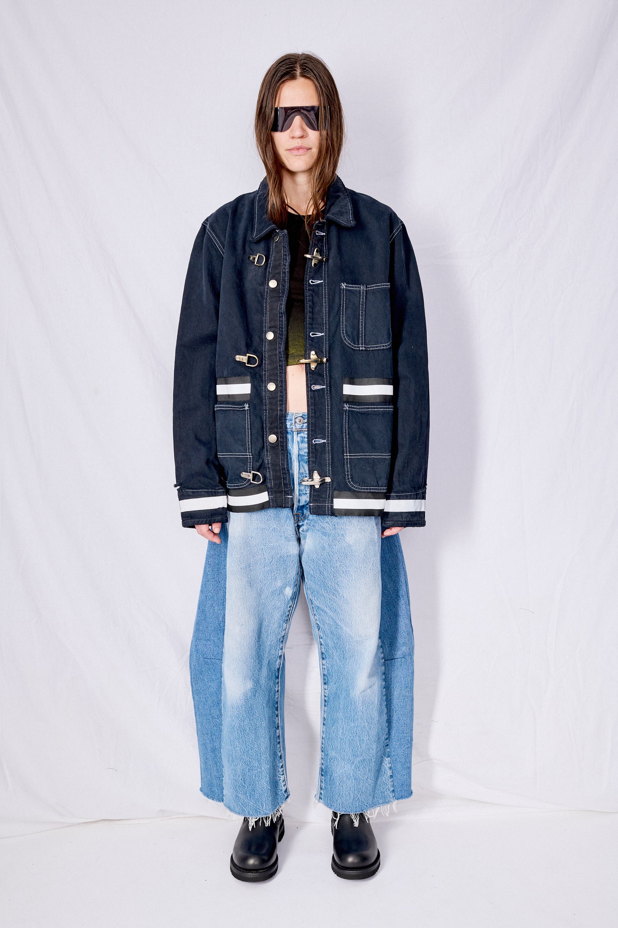 Black Contrast Stitch Denim Reflector Fireman Field Coat