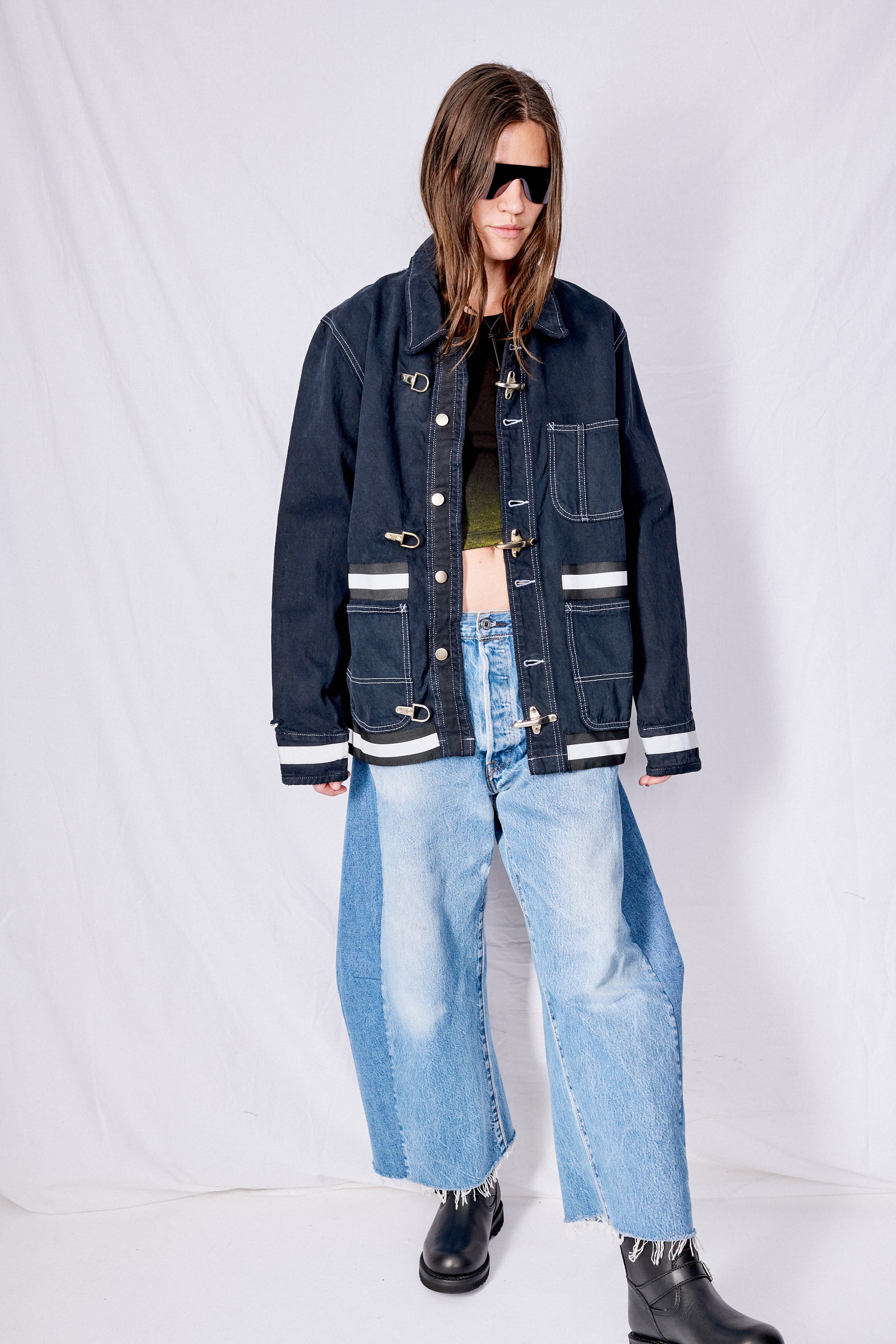 Black Contrast Stitch Denim Reflector Fireman Field Coat