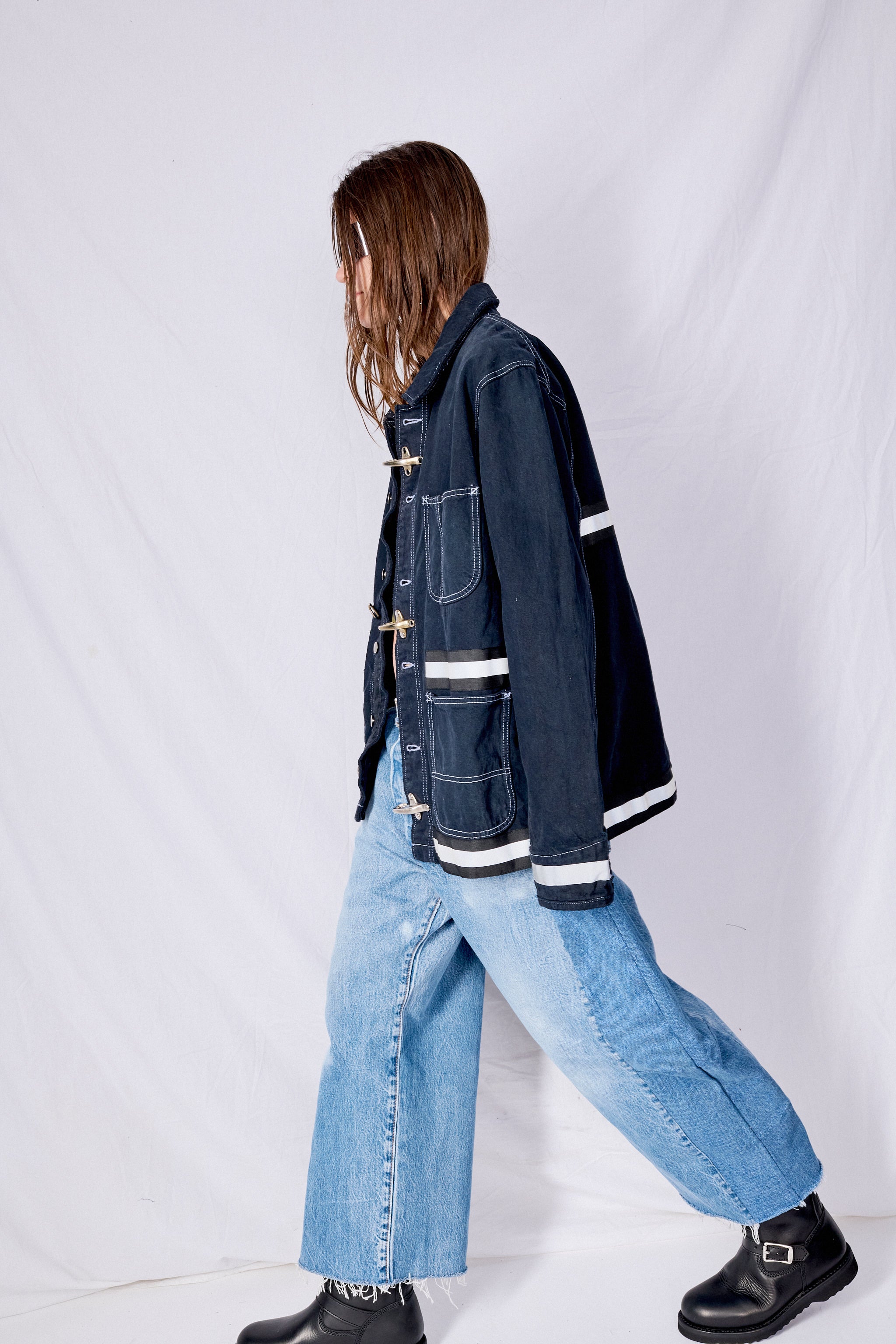 Black Contrast Stitch Denim Reflector Fireman Field Coat