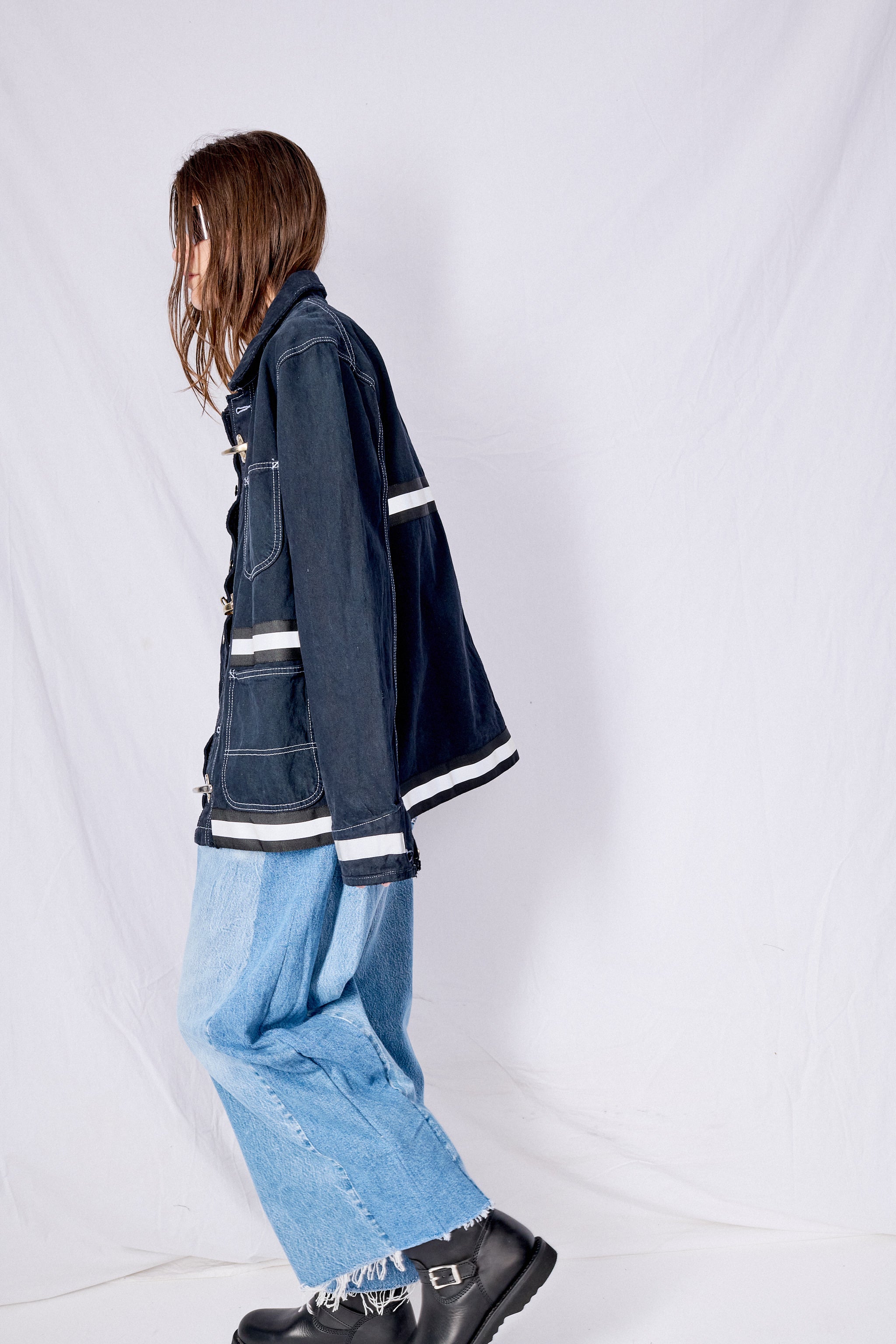 Black Contrast Stitch Denim Reflector Fireman Field Coat