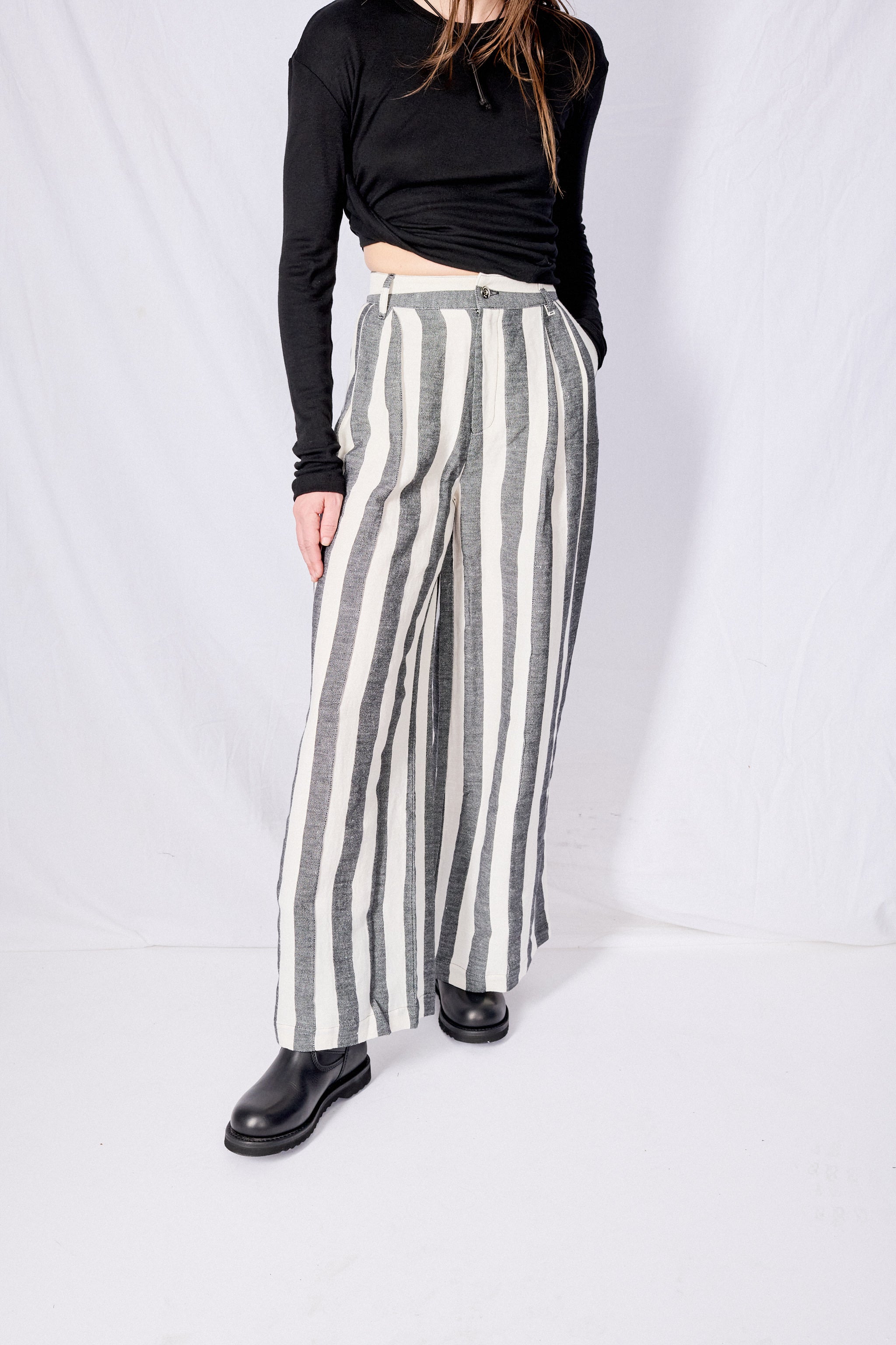 Black and White Linen Wide Leg Trousers