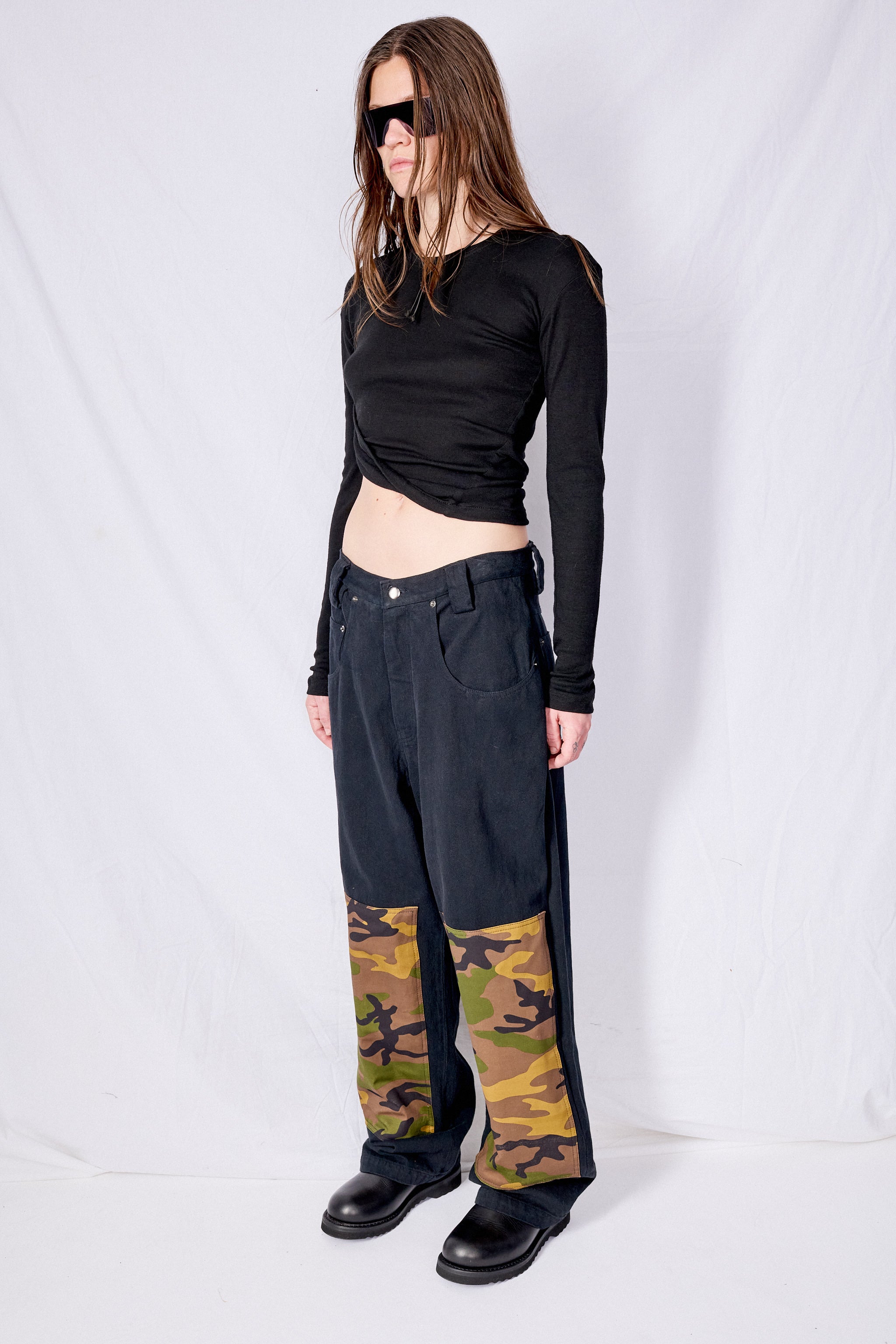 Black Denim Camo Patch Baggy Jean