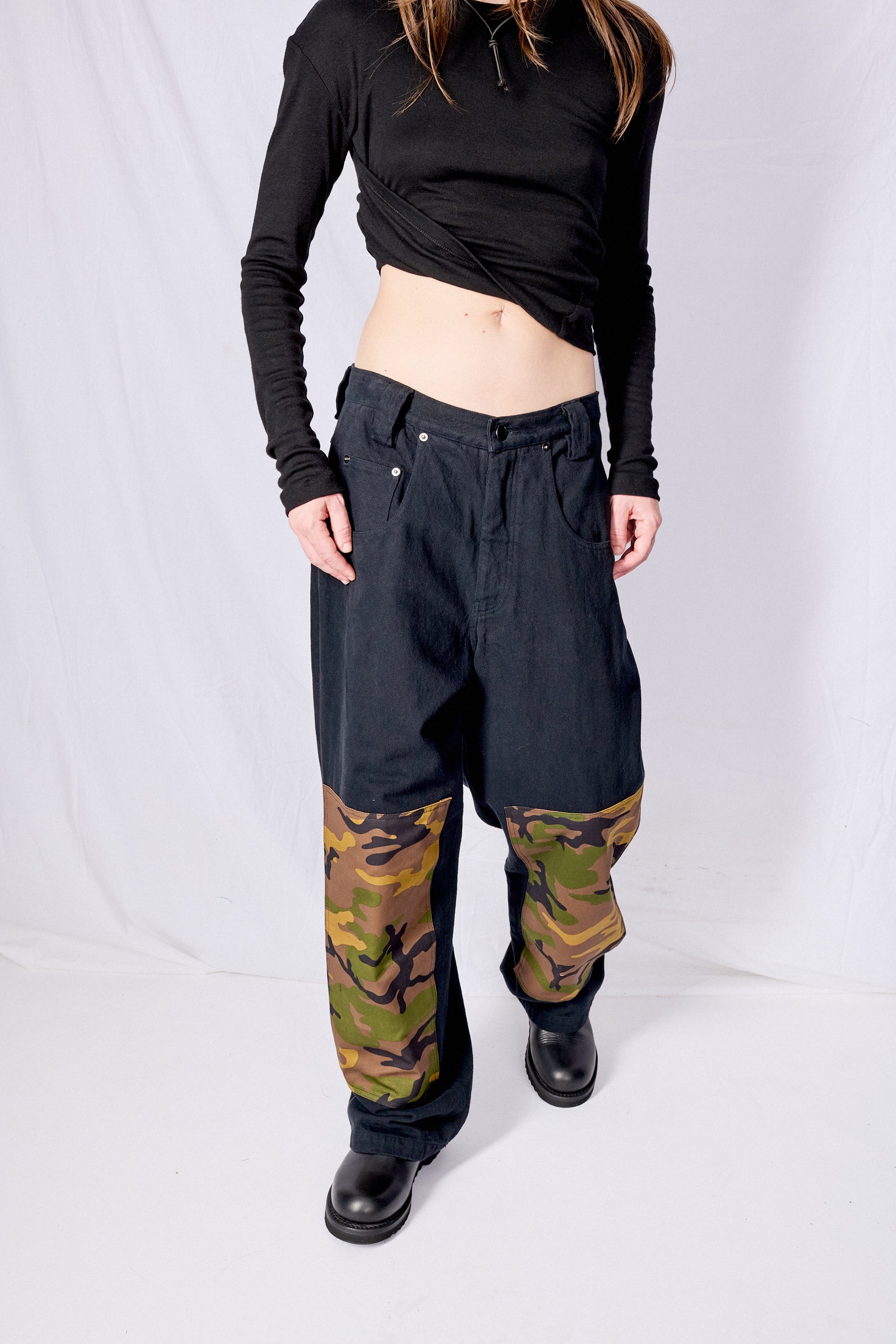 Black Denim Camo Patch Baggy Jean