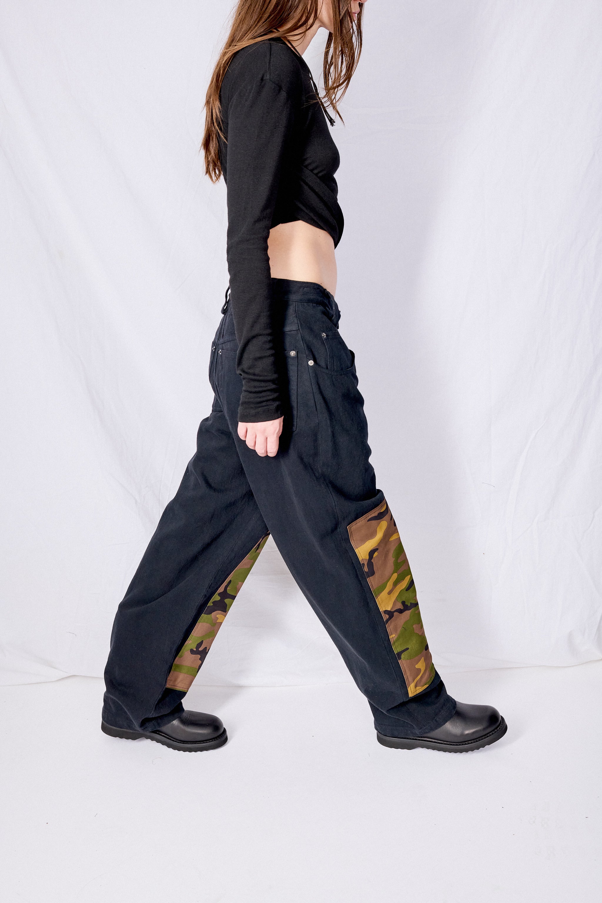 Black Denim Camo Patch Baggy Jean