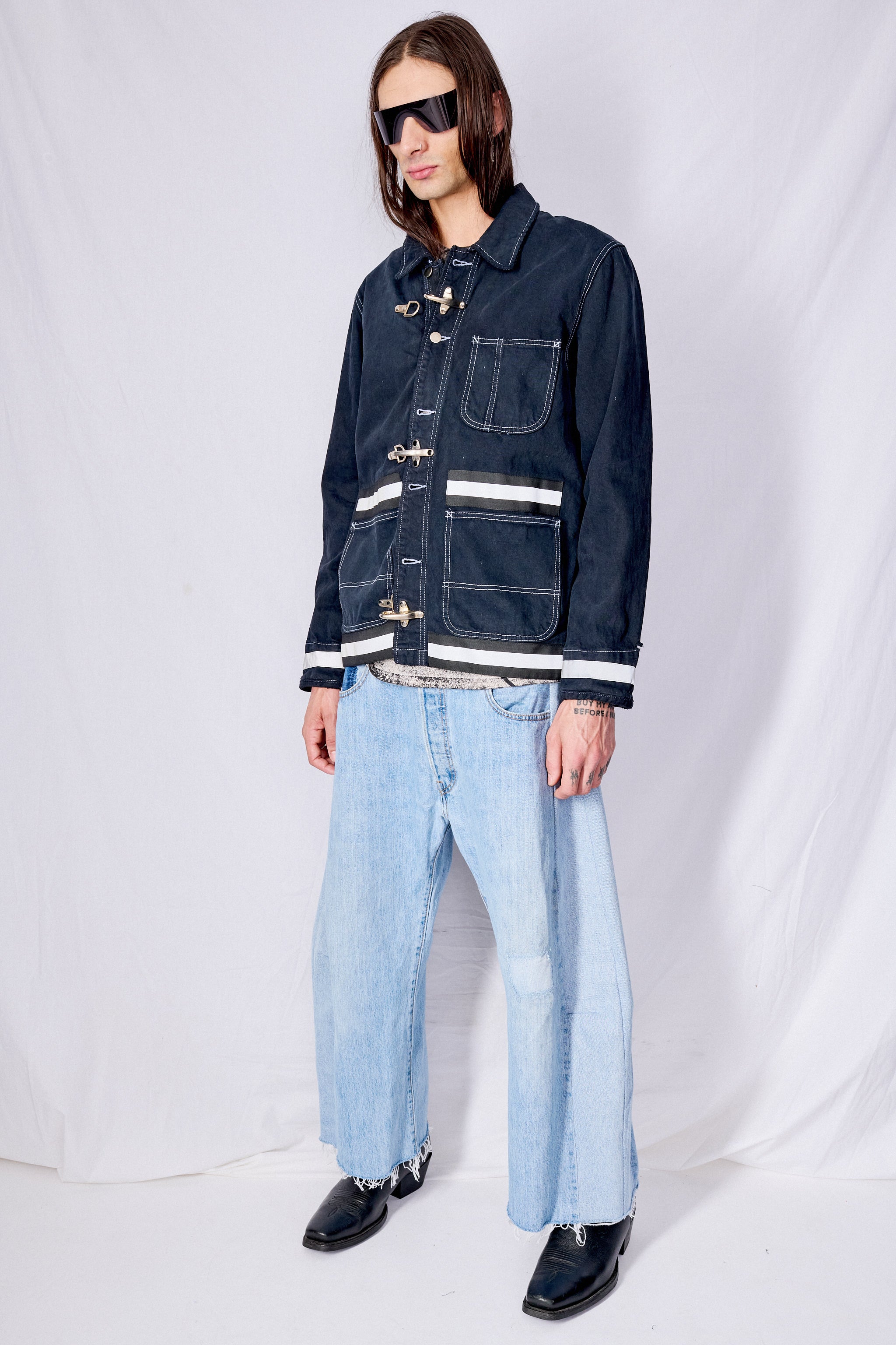 Black Contrast Stitch Denim Reflector Fireman Field Coat