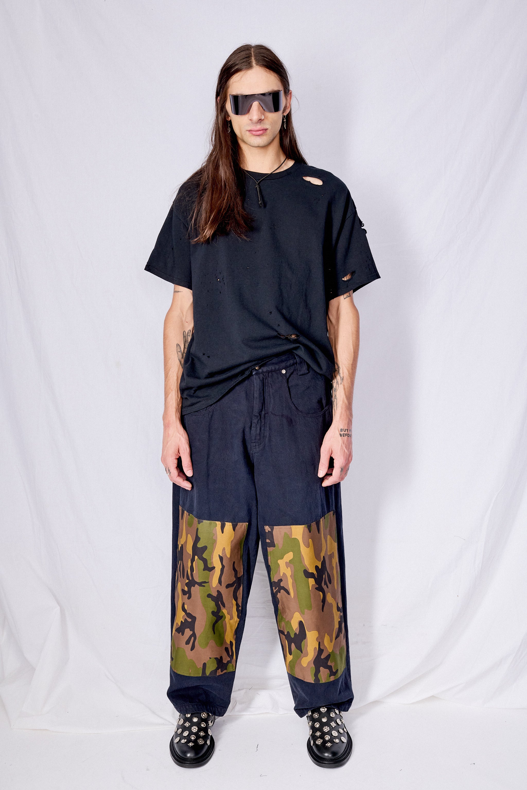 Black Denim Camo Patch Baggy Jean