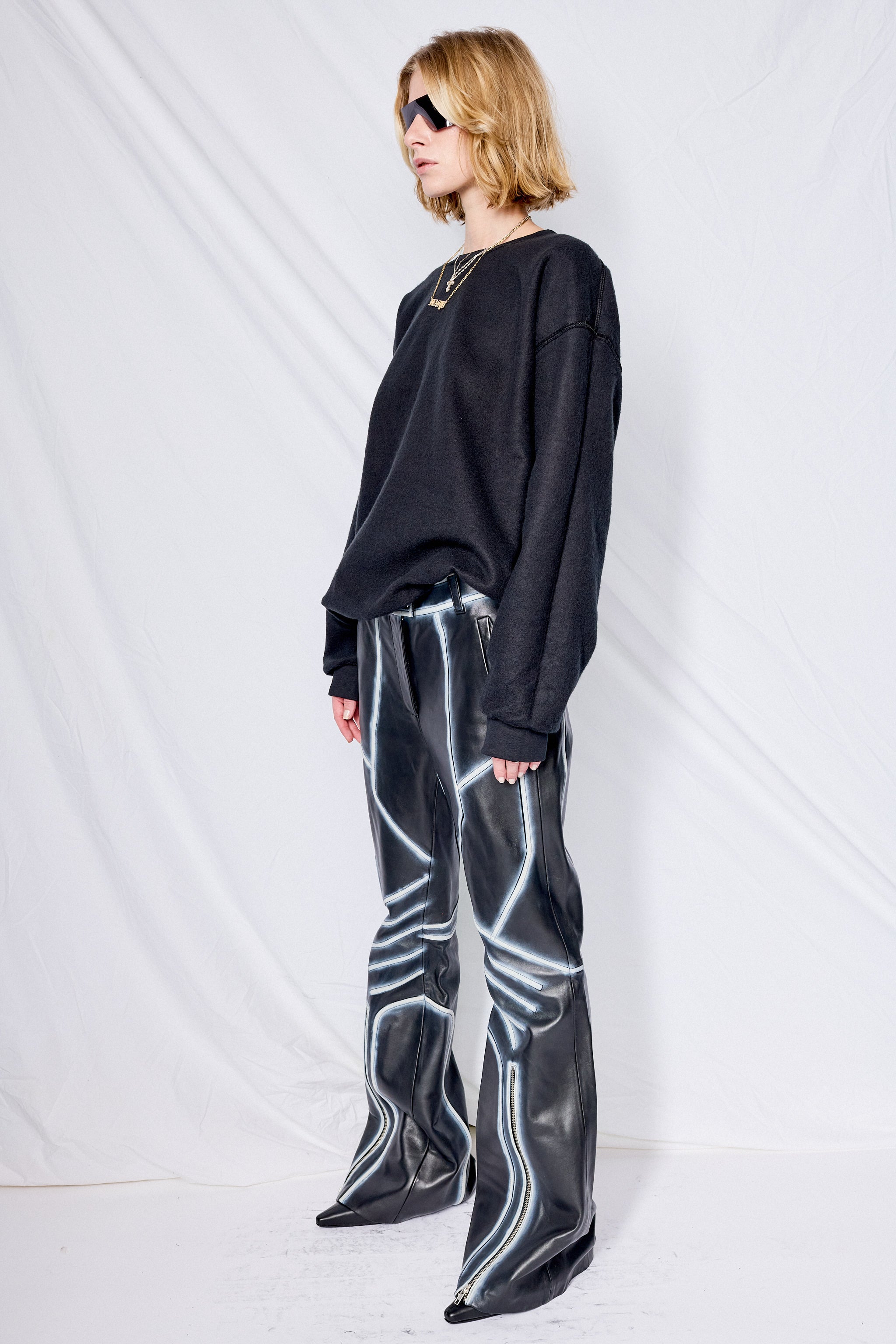 Black/White Feather Moto Leather Trousers