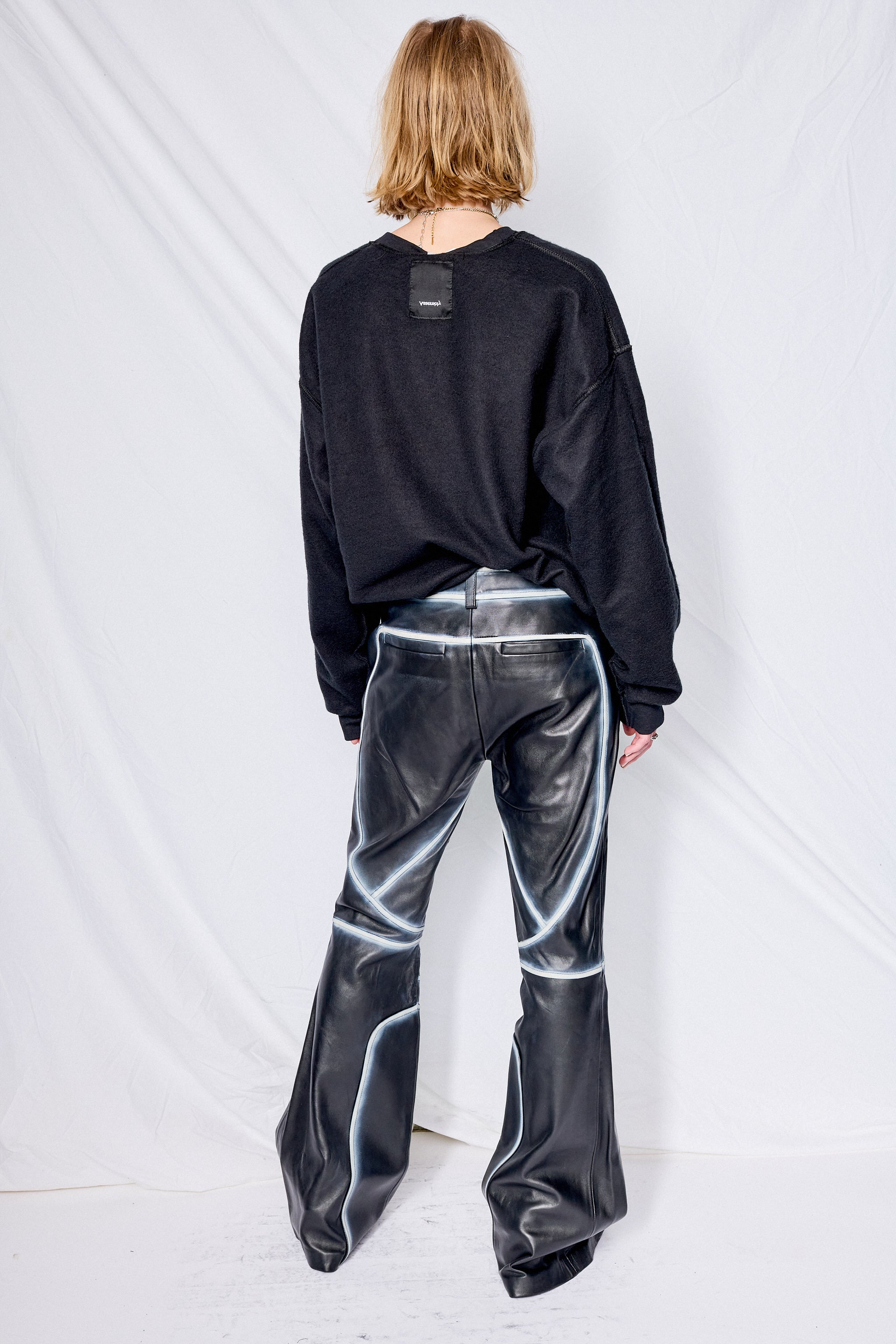 Black/White Feather Moto Leather Trousers