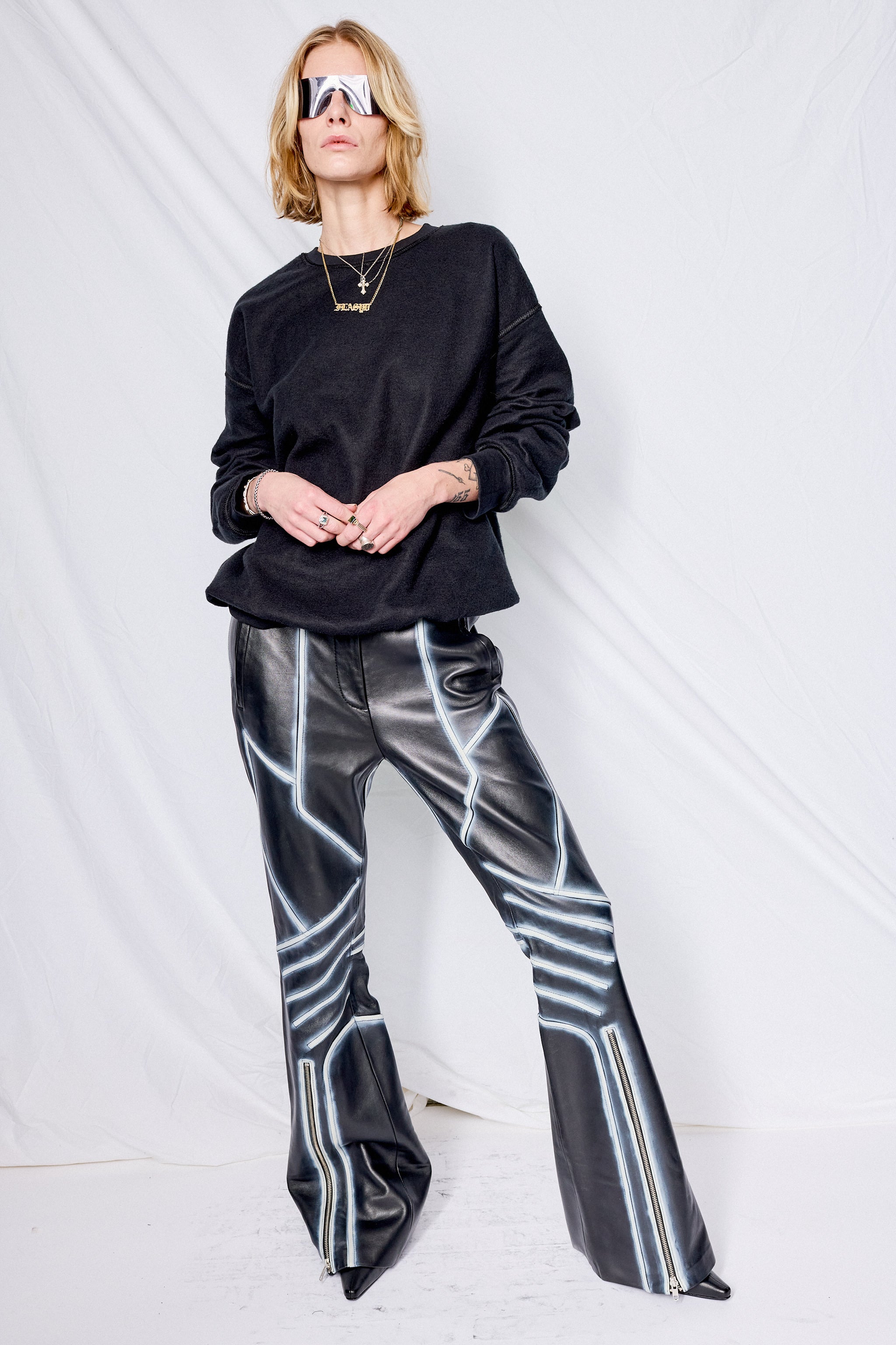 Black/White Feather Moto Leather Trousers