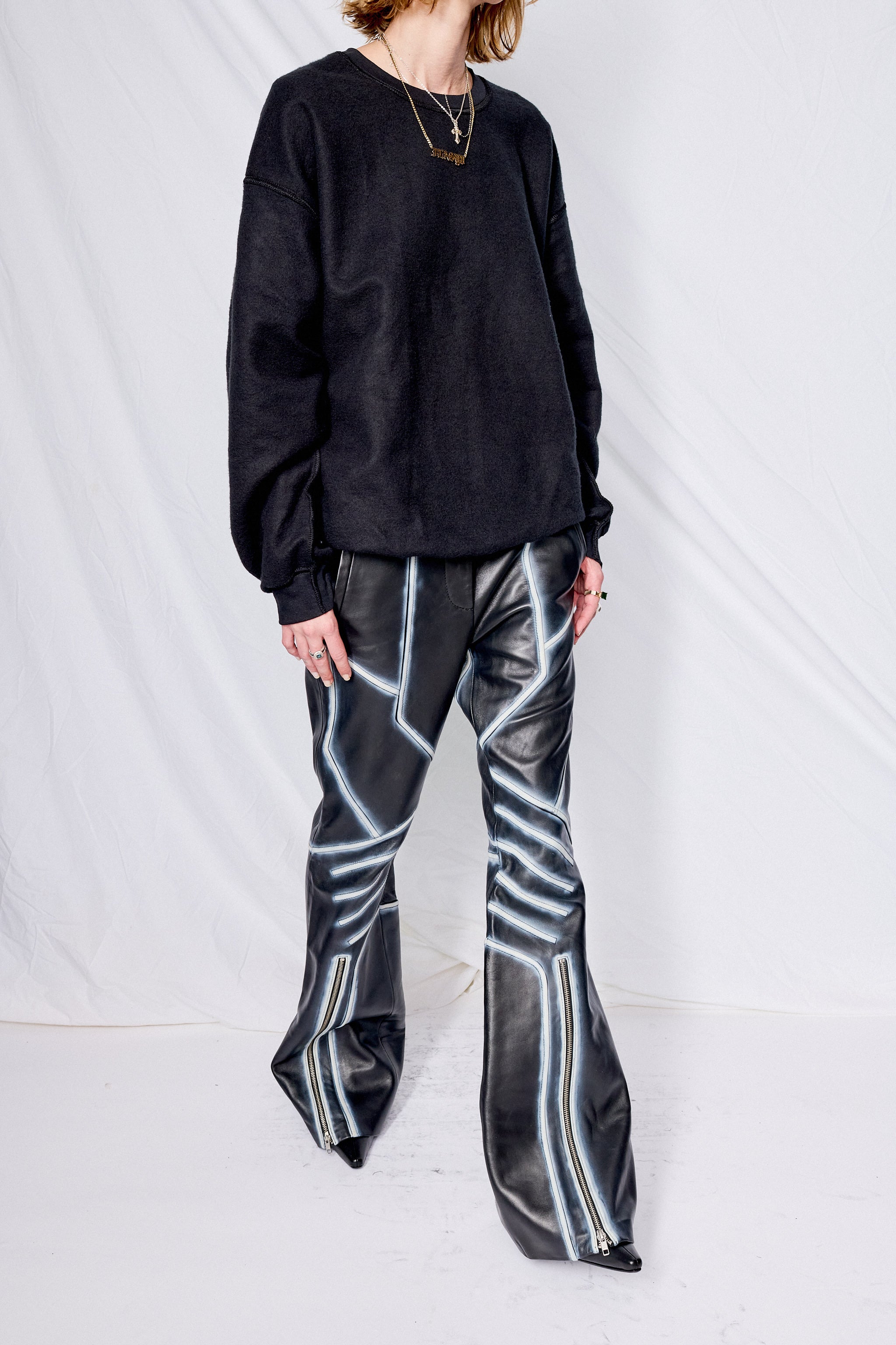 Black/White Feather Moto Leather Trousers