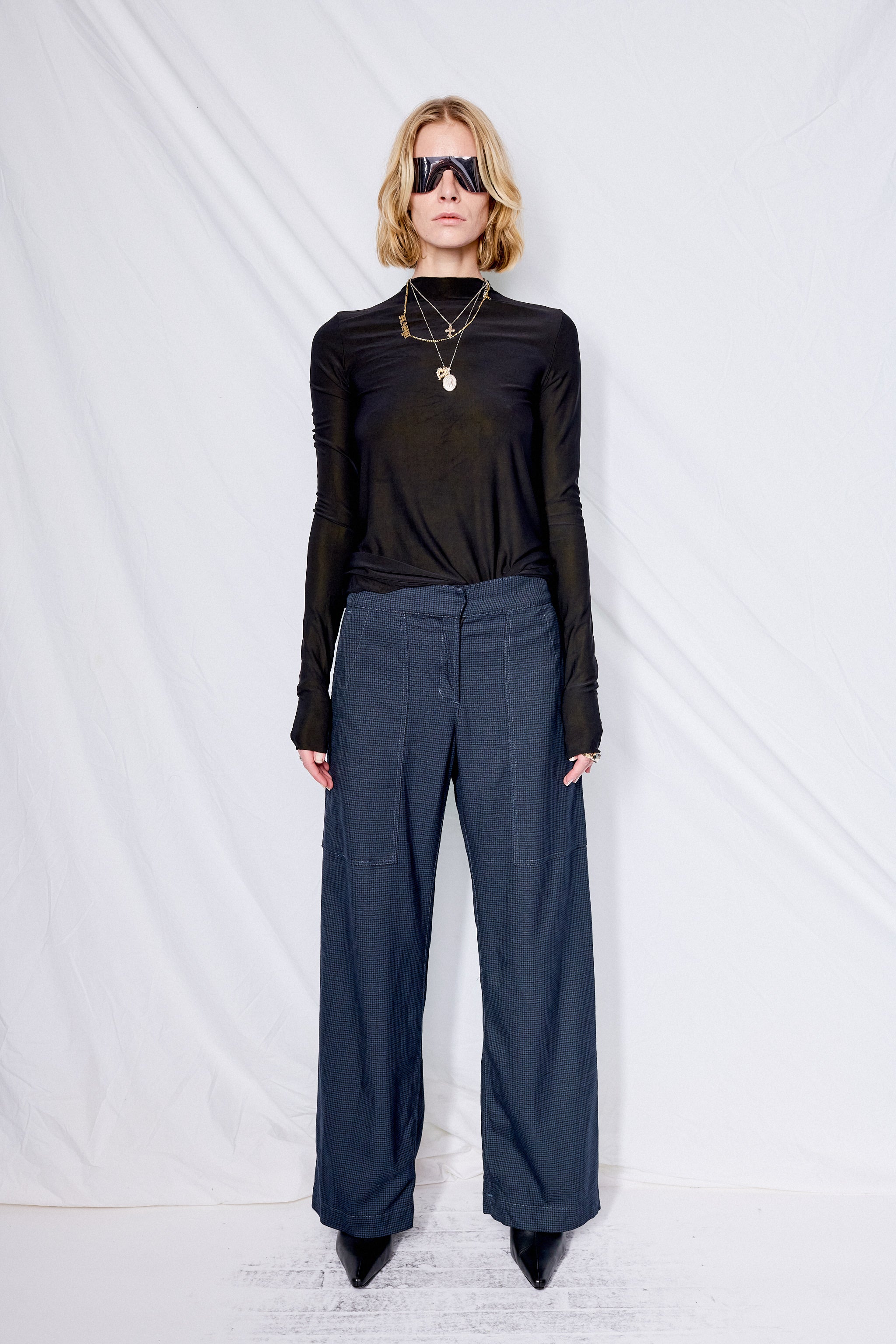 Black Overdyed Houndstooth Suiting Simple Pant