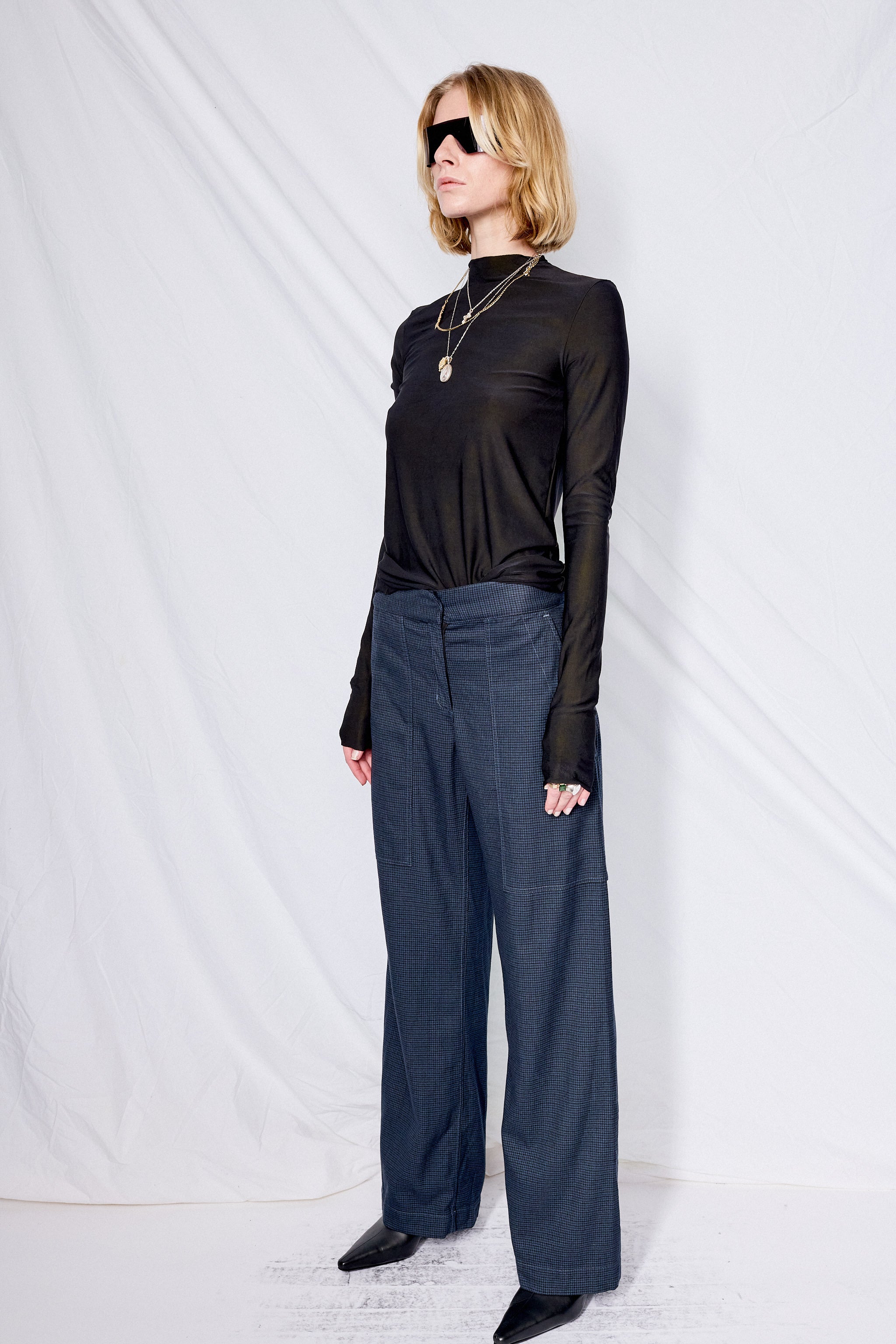 Black Overdyed Houndstooth Suiting Simple Pant