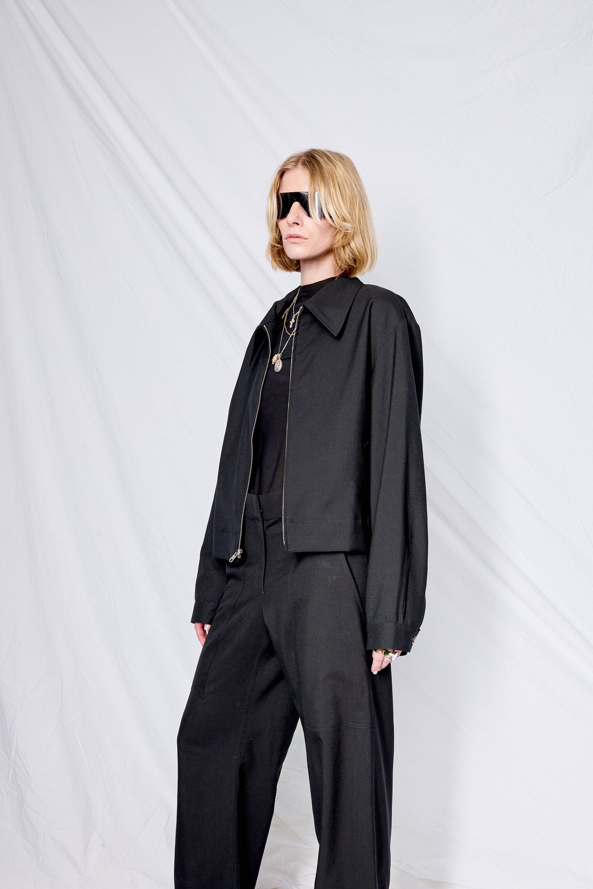 Black Suiting Crop Zip Jacket