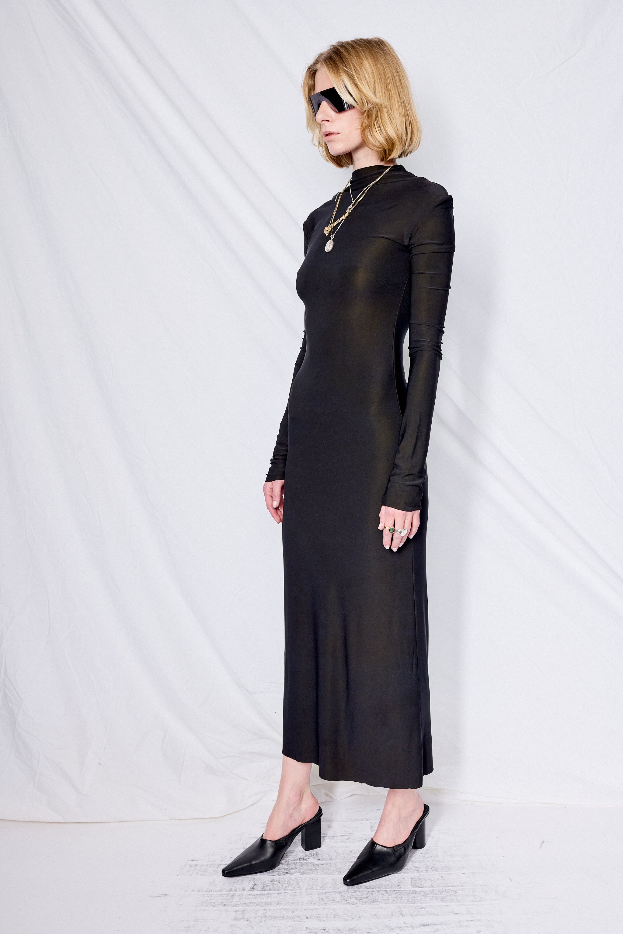 Black Overdyed Jersey Long Sleeve Maxi Dress