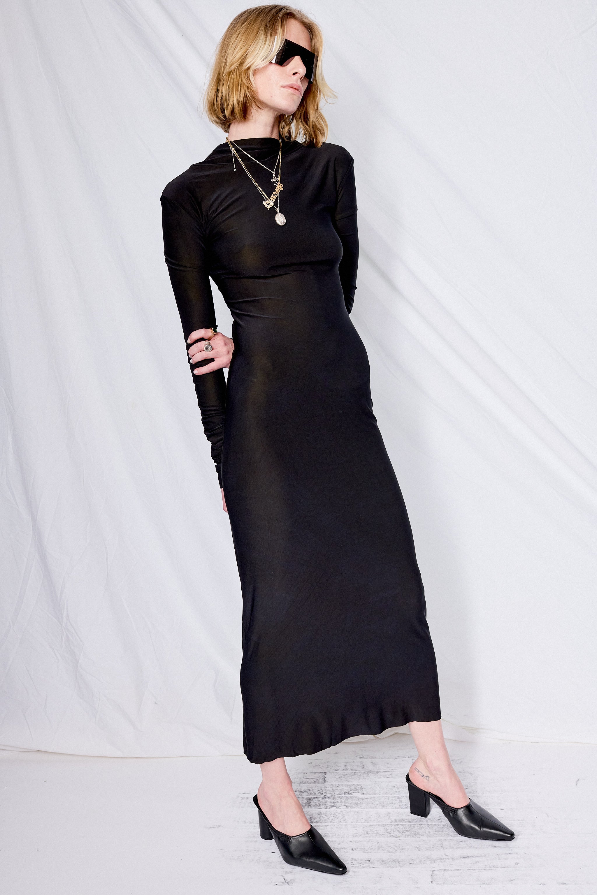 Black Overdyed Jersey Long Sleeve Maxi Dress