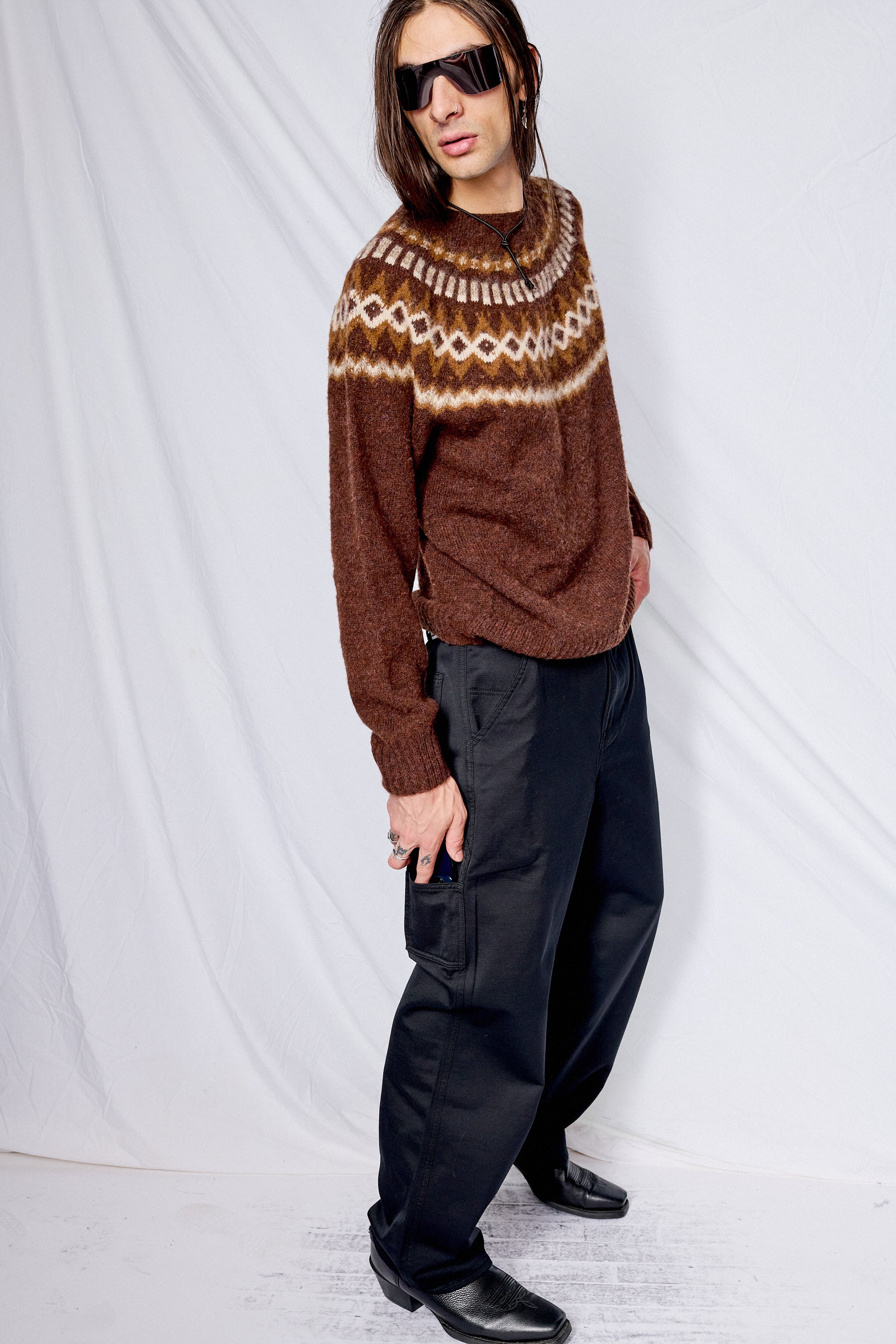 Brown Suedehead Fair Isle Crew Neck Jumper