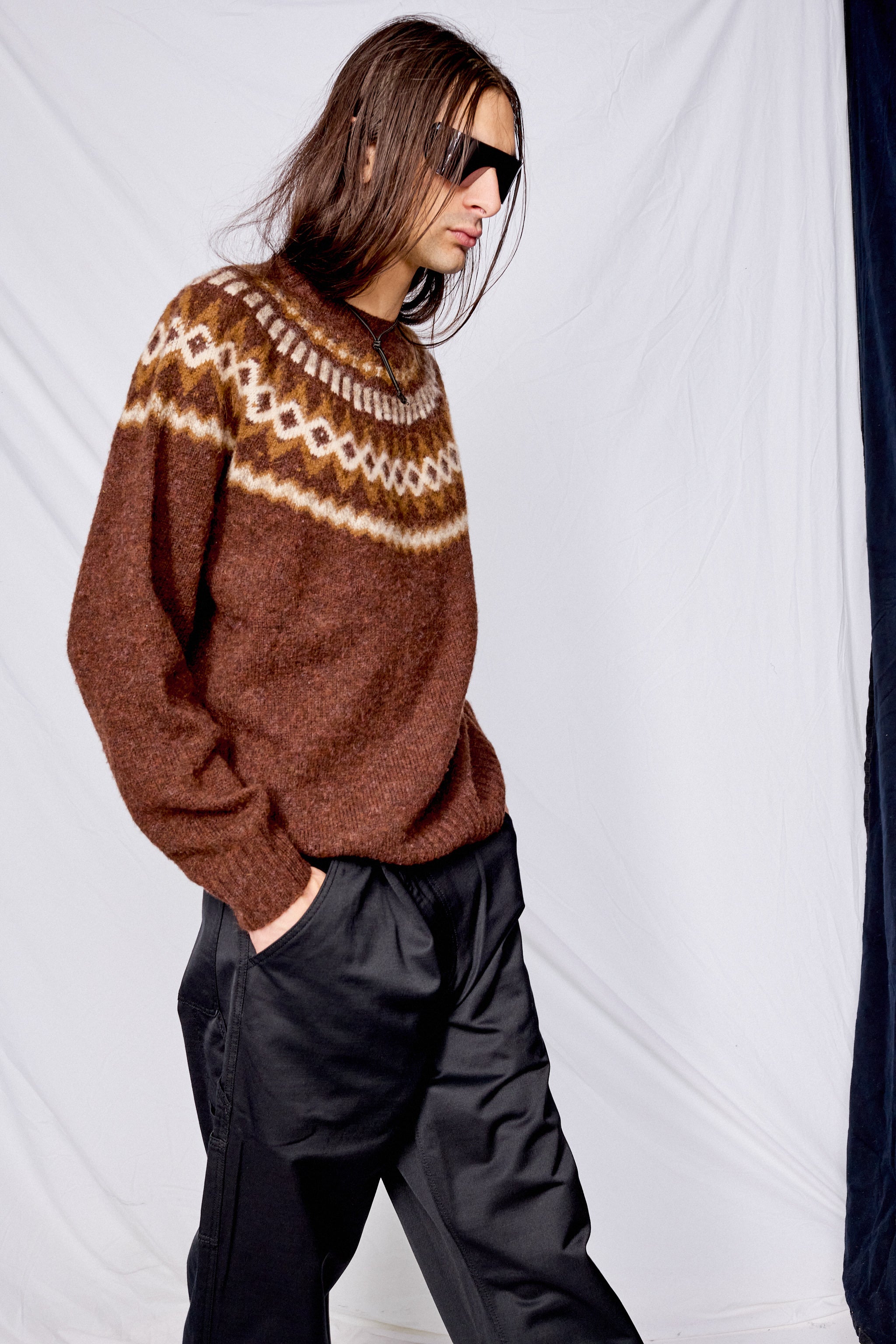 Brown Suedehead Fair Isle Crew Neck Jumper