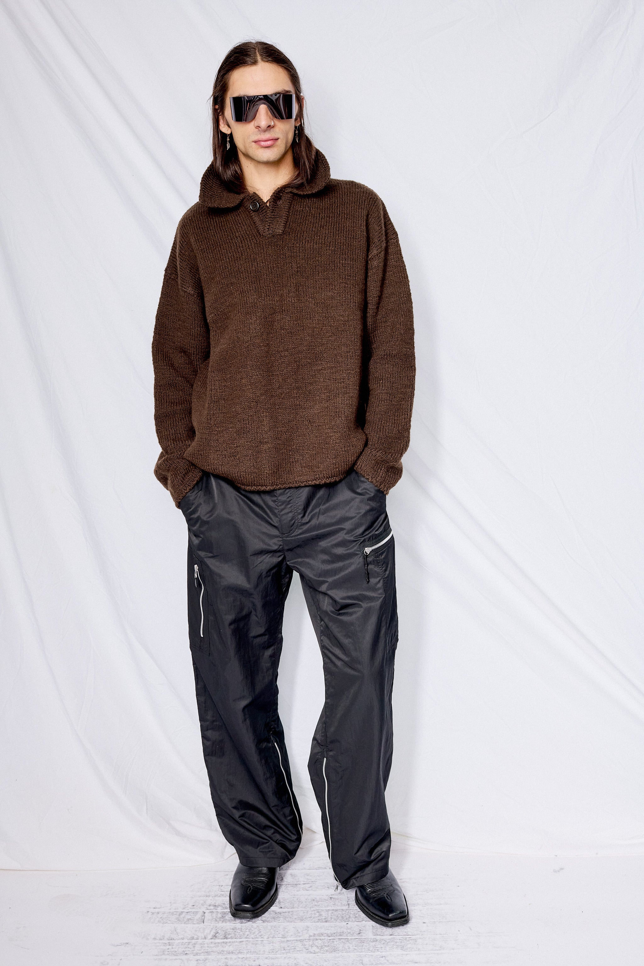 Brown One Button Collar Knit