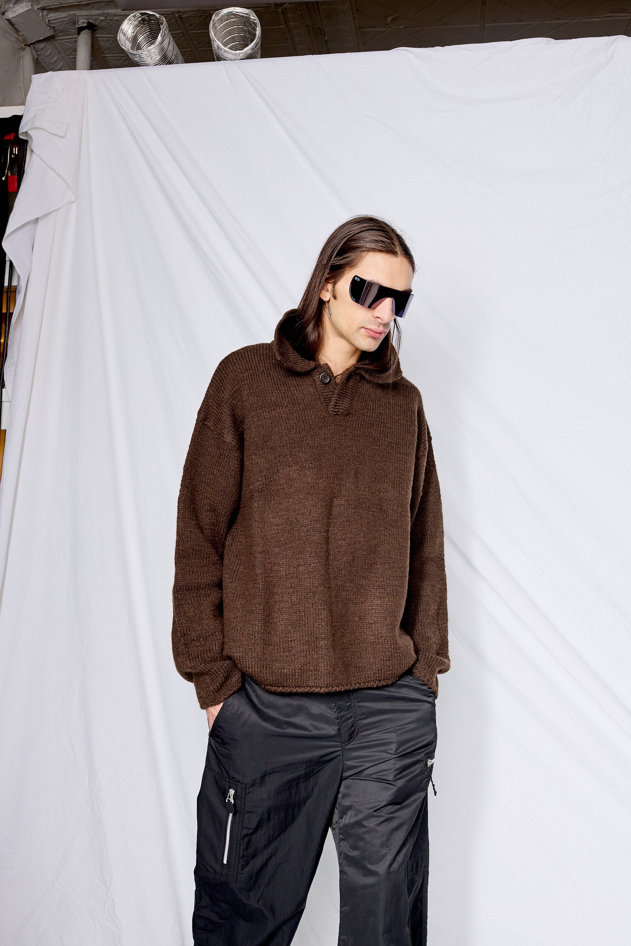 Brown One Button Collar Knit