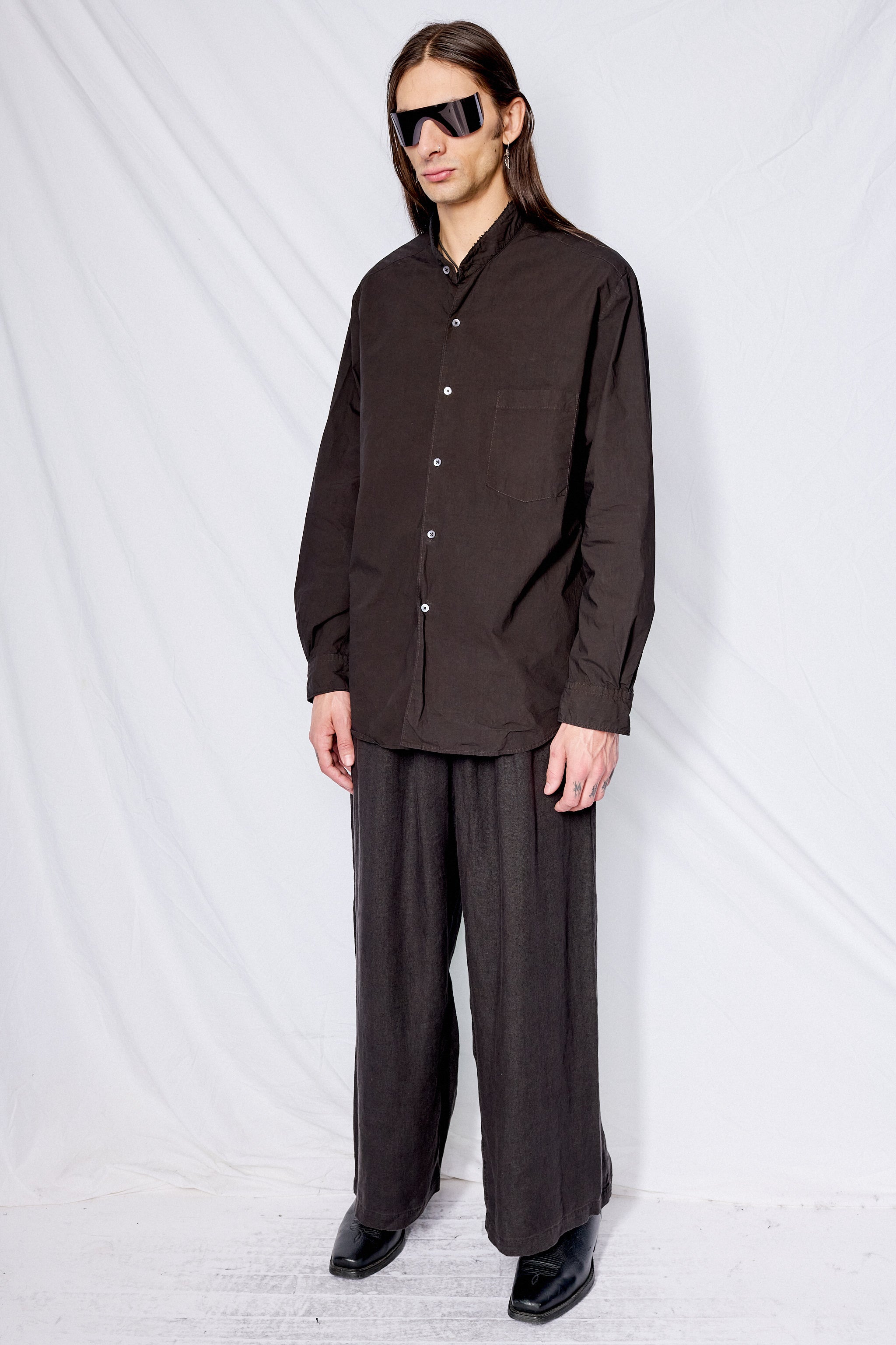 Black Overdyed Poplin Classic Noncollar Shirt