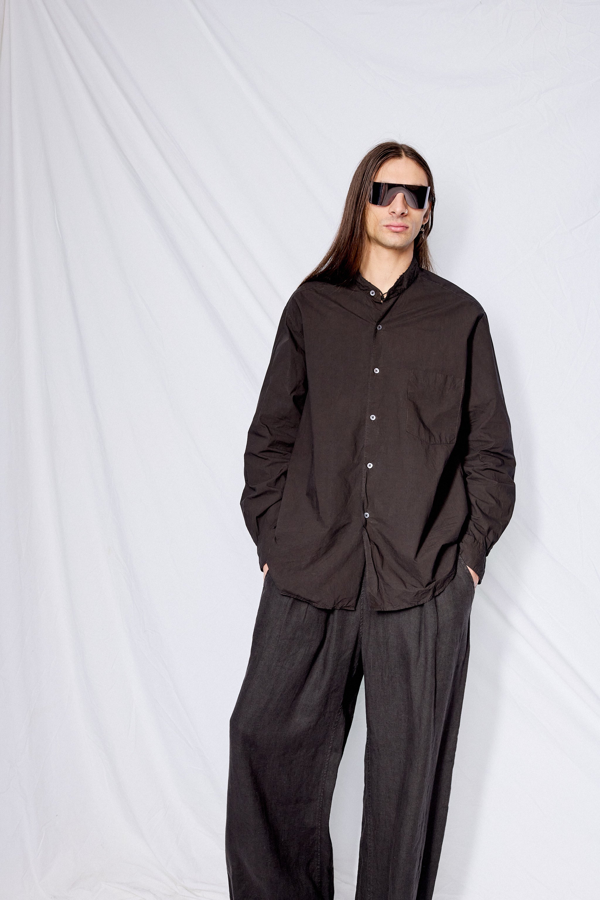 Black Overdyed Poplin Classic Noncollar Shirt