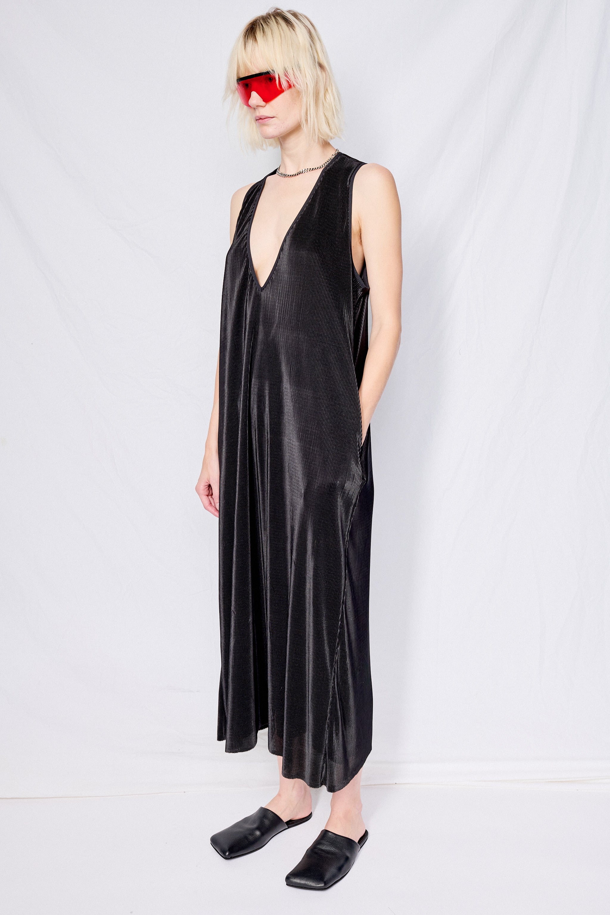 Black Plisse Trapeze Dress