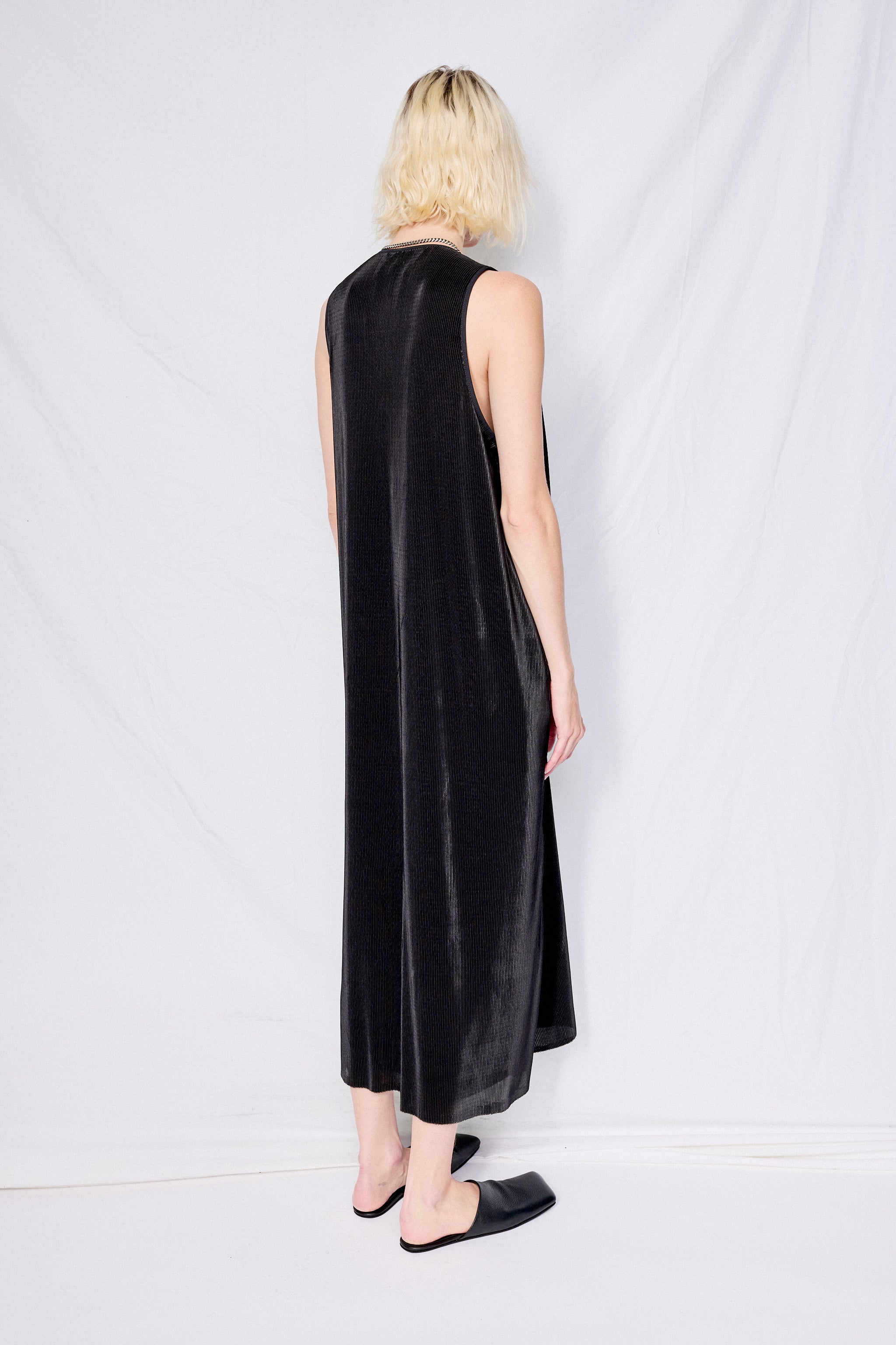 Black Micropleat Trapeze Dress