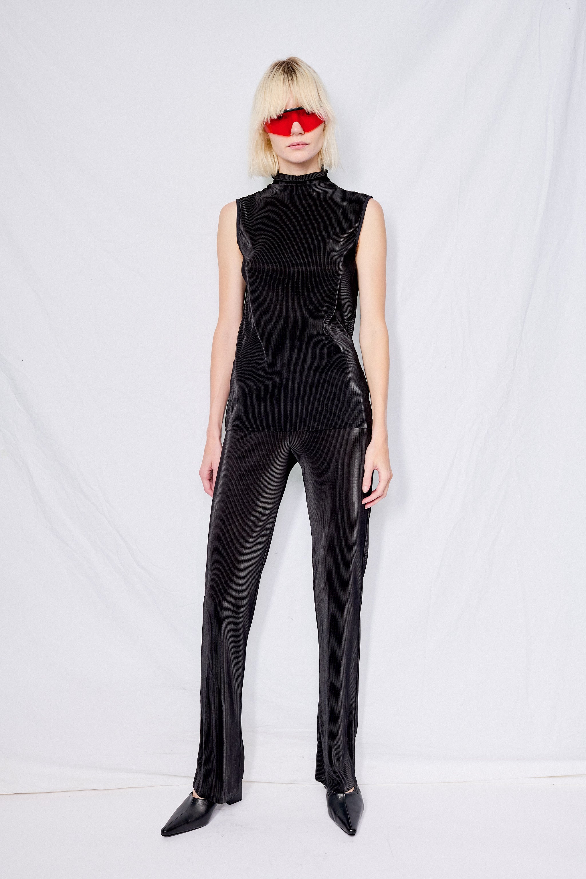 Black Plisse Slim Pull On Pant