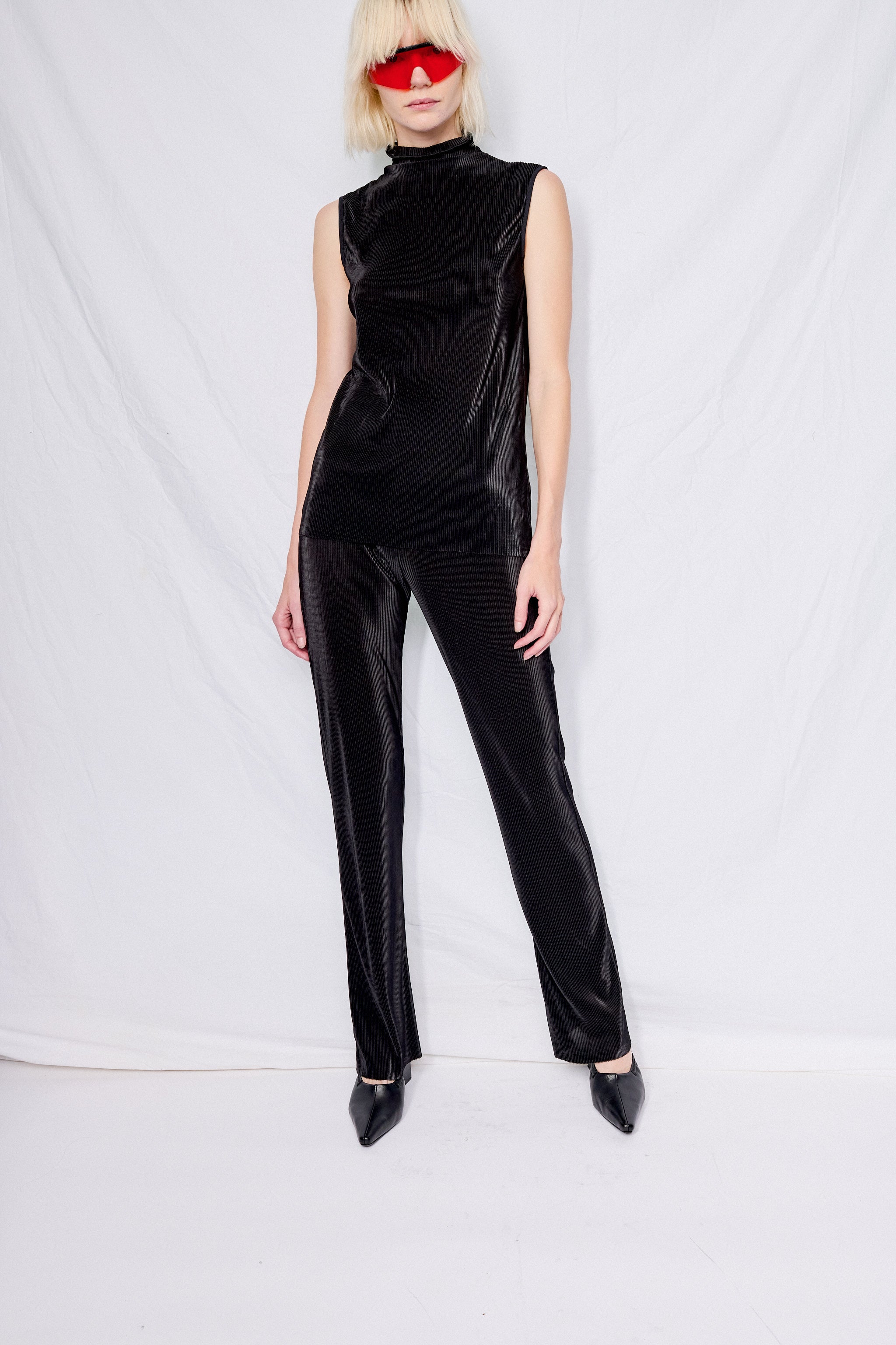 Black Plisse Slim Pull On Pant