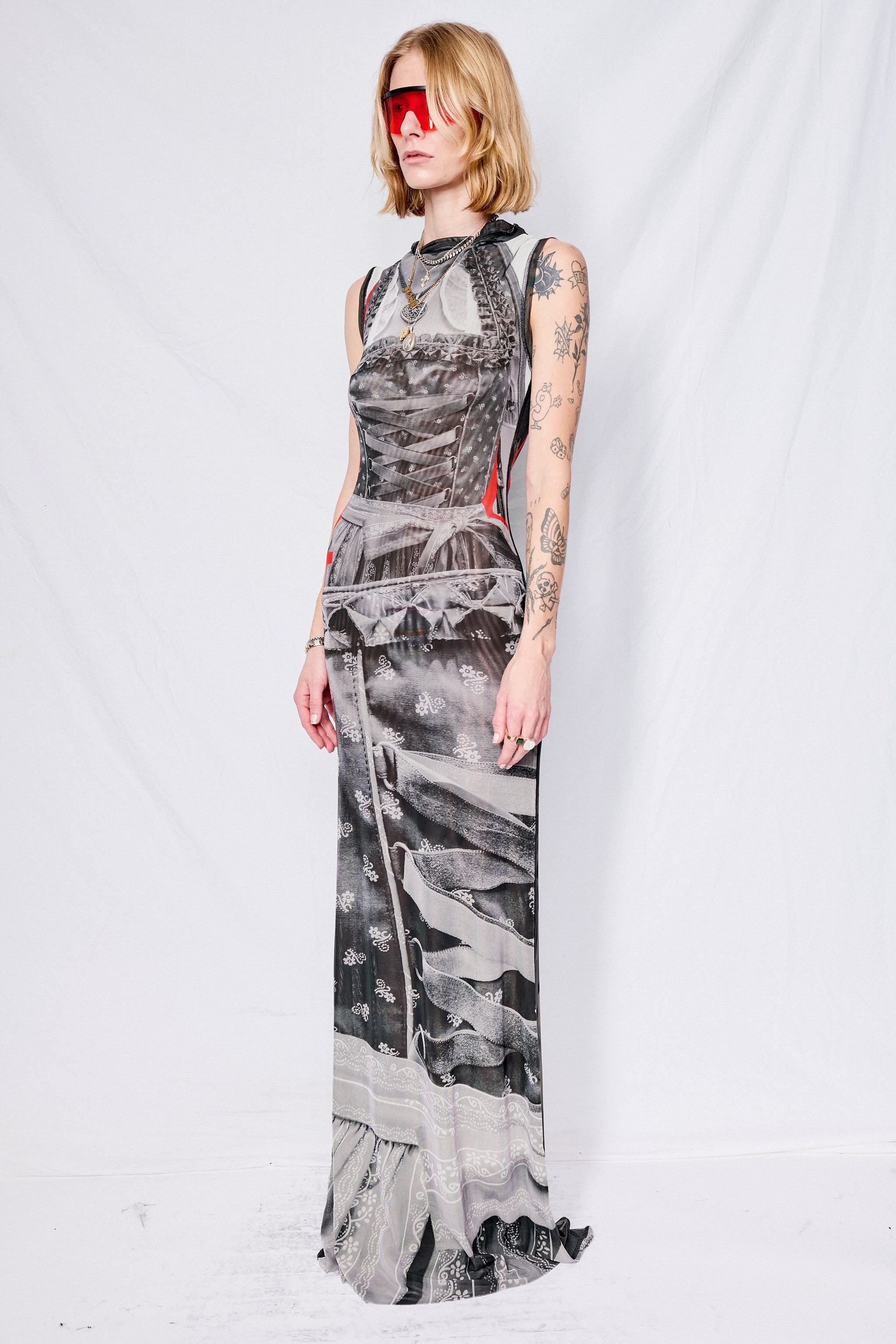 Dirndle Print Mesh Maxi Dress