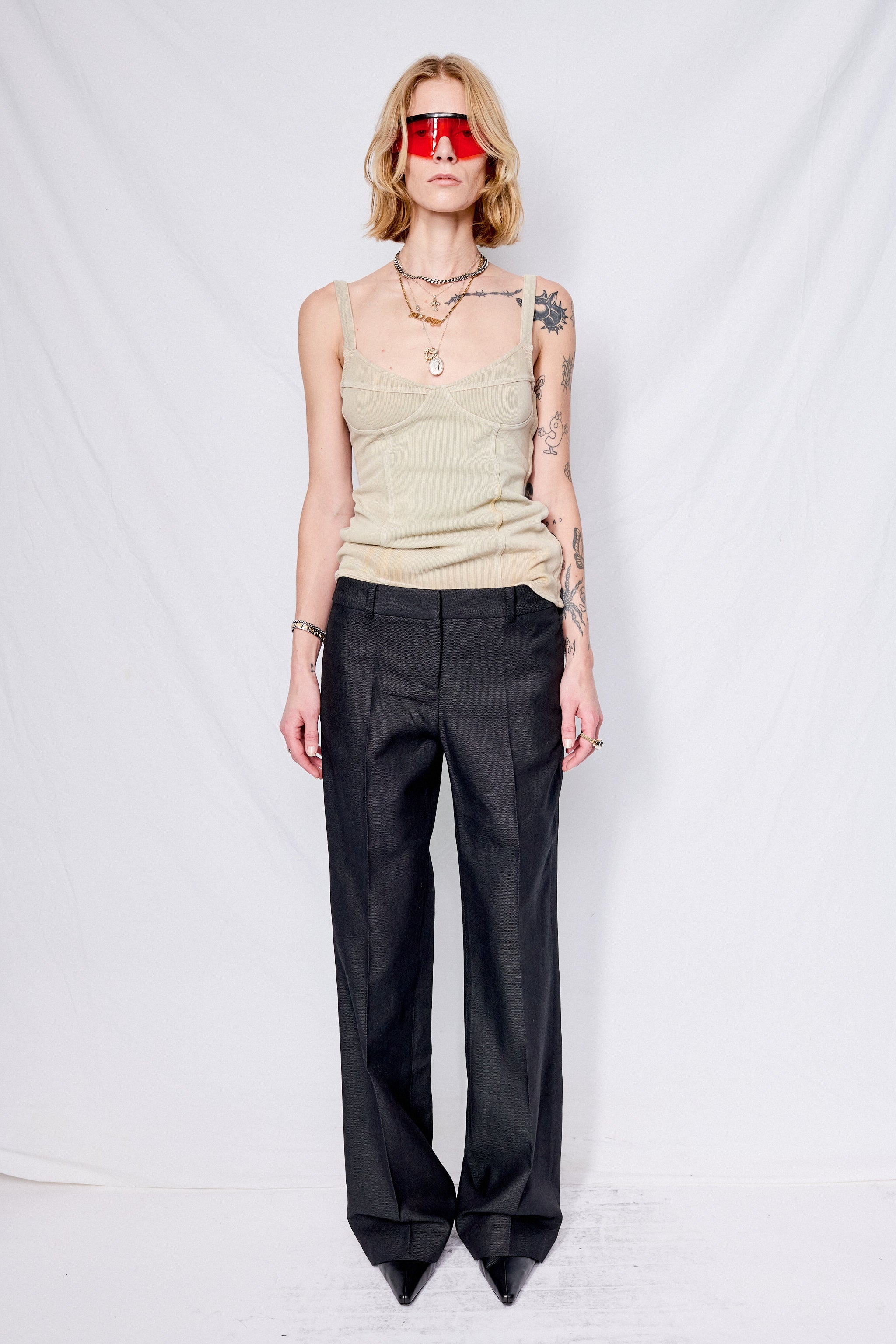 Draping Black Canvas Hip Trouser