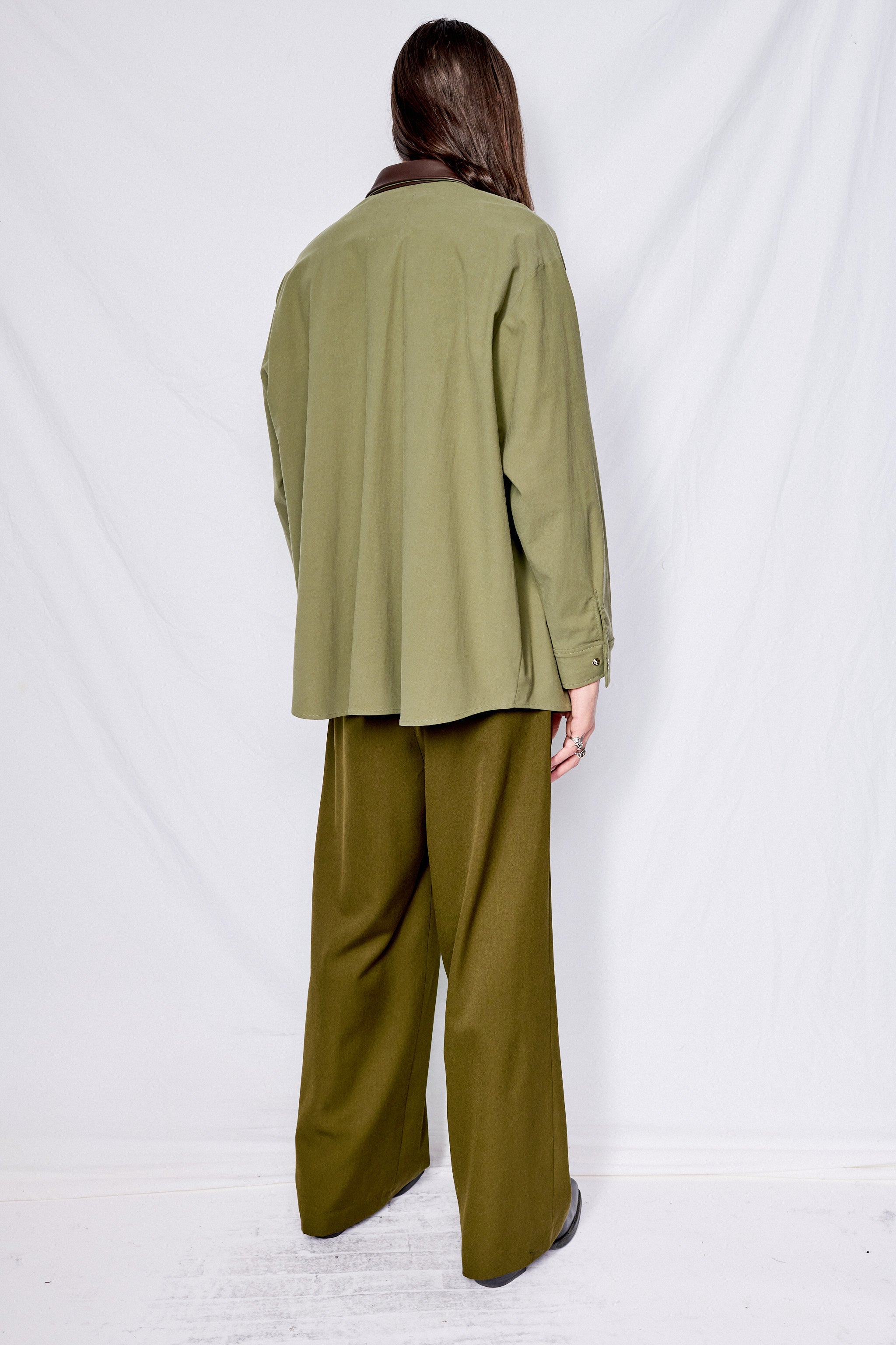 Army Green Twill Two Tone Loose Snap Shirt